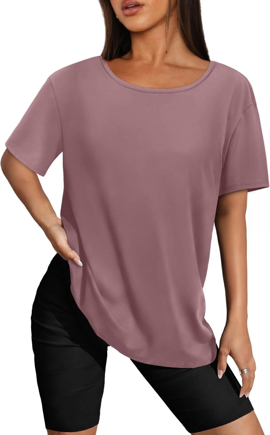 imageSAMPEEL Womens Workout Tops Oversized T Shirts Loose Fit Crewneck Short Sleeve Summer Sun Protection UPF 50Pink
