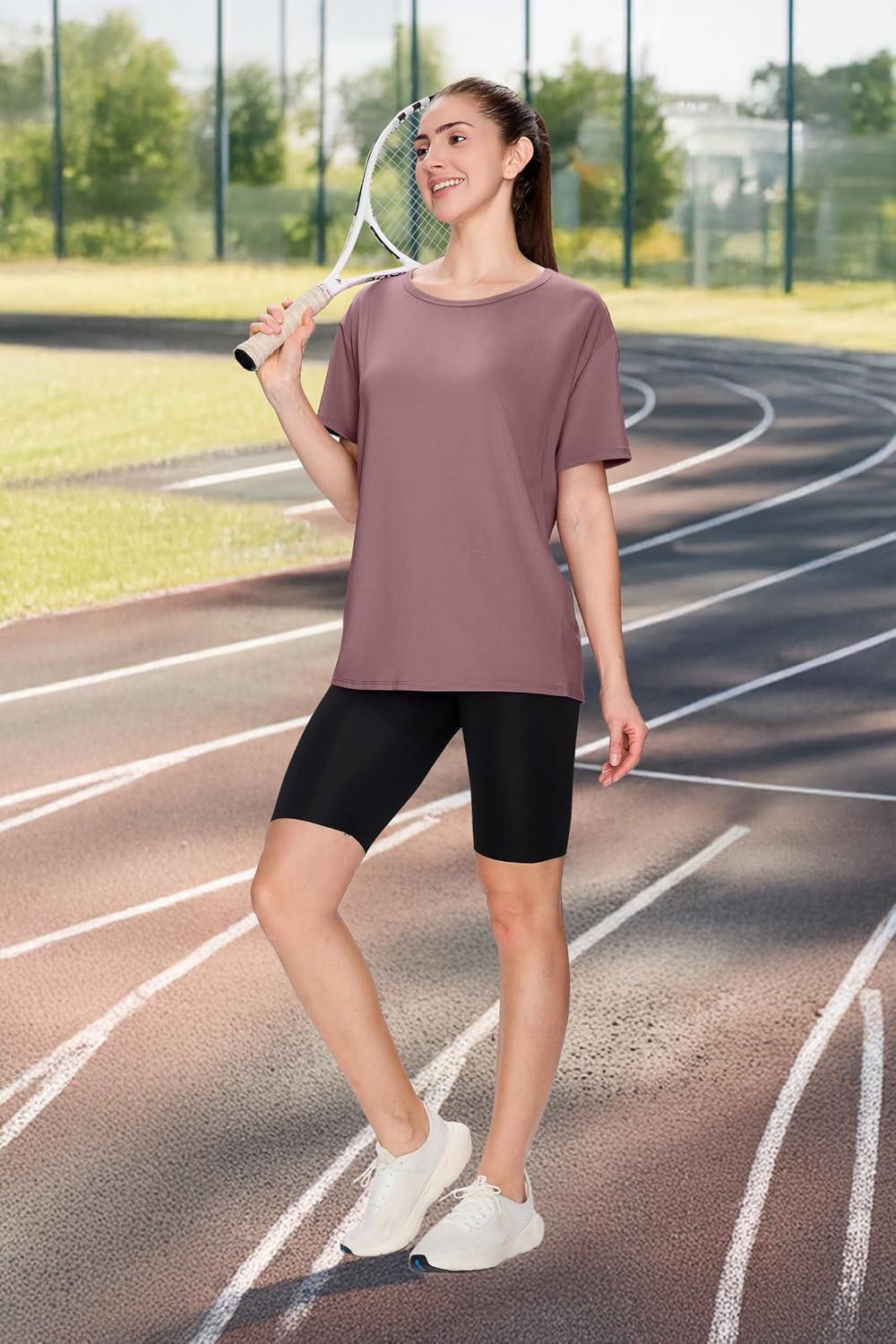 imageSAMPEEL Womens Workout Tops Oversized T Shirts Loose Fit Crewneck Short Sleeve Summer Sun Protection UPF 50Pink