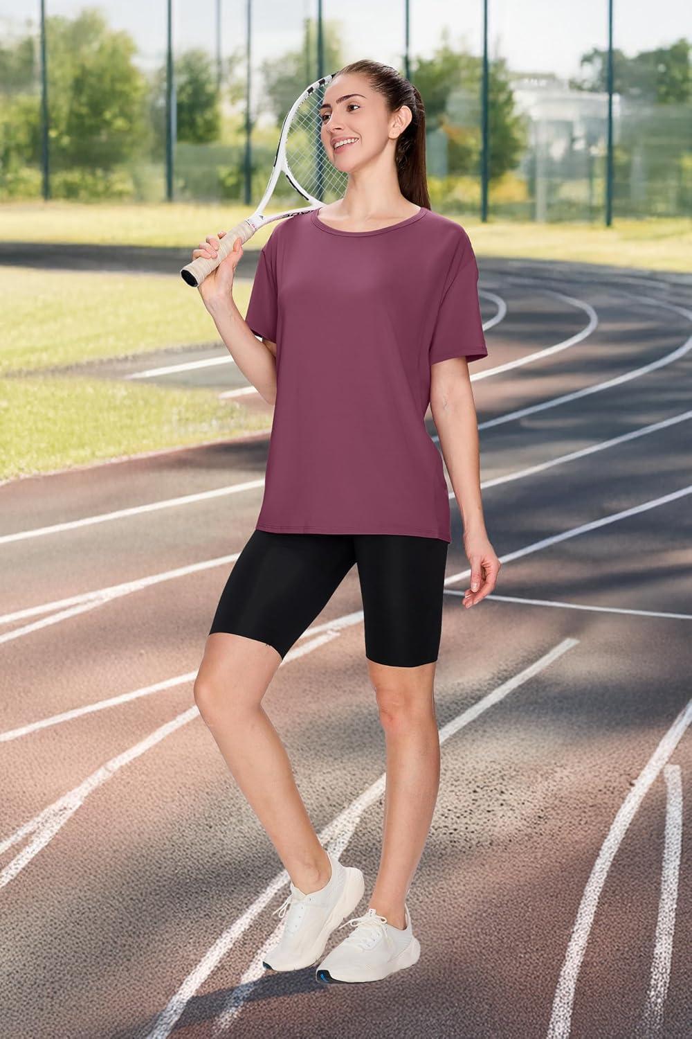 imageSAMPEEL Womens Workout Tops Oversized T Shirts Loose Fit Crewneck Short Sleeve Summer Sun Protection UPF 50Purple Pink