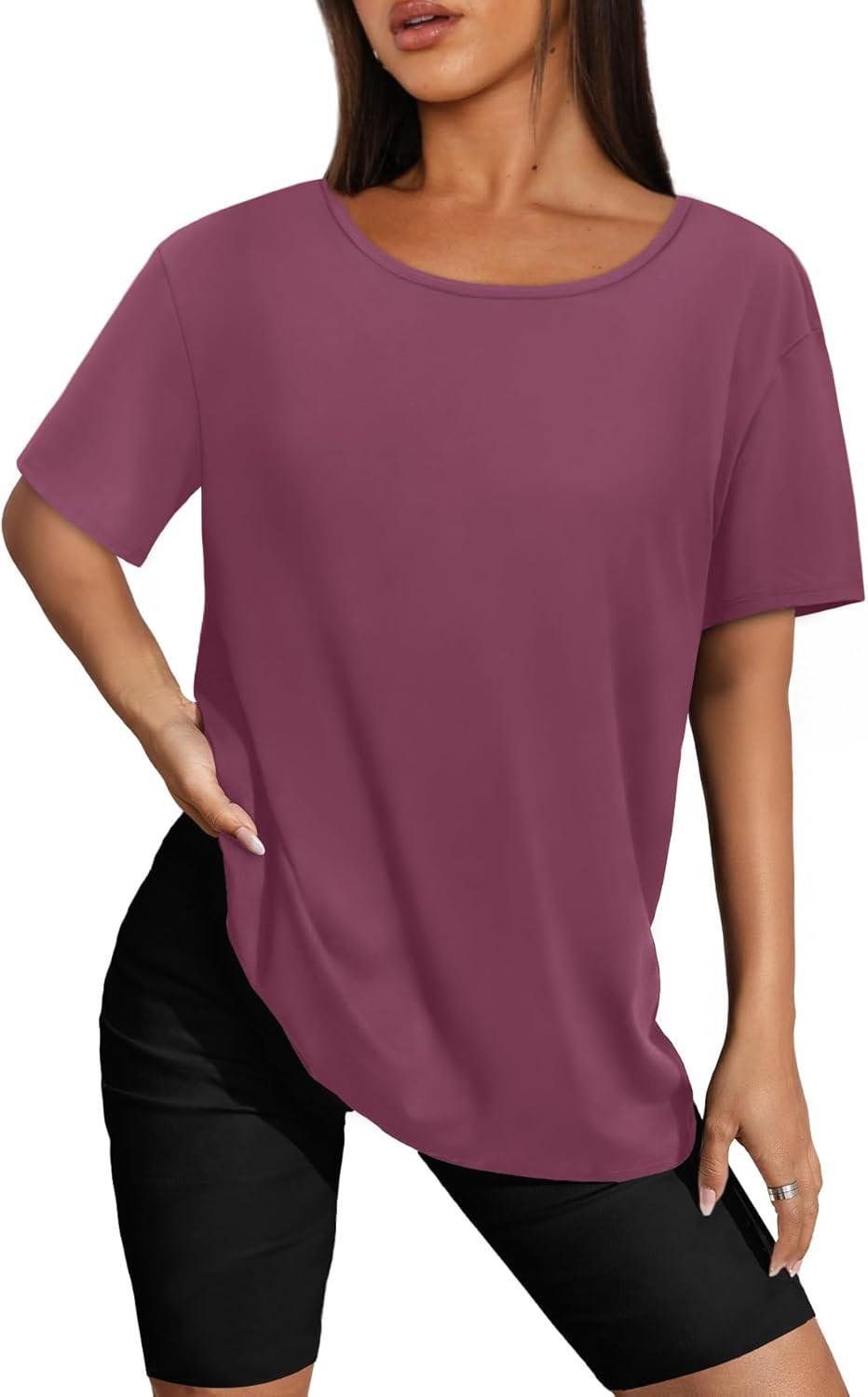 imageSAMPEEL Womens Workout Tops Oversized T Shirts Loose Fit Crewneck Short Sleeve Summer Sun Protection UPF 50Purple Pink