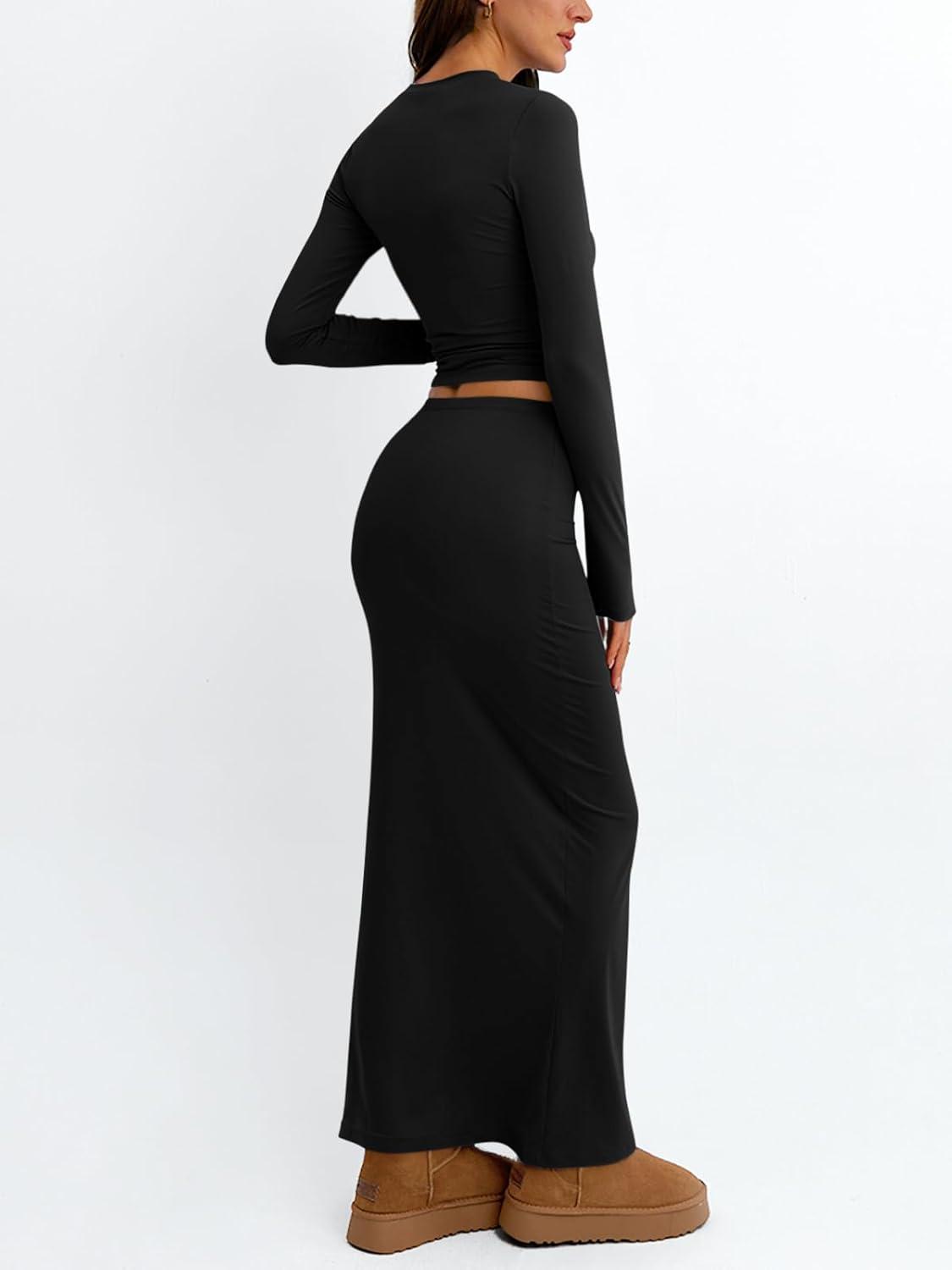 imageTrendy Queen 2 Piece Skirts Sets for Women Long Sleeve Crew Neck Crop Tops Bodycon Maxi Matching ClothesBlack