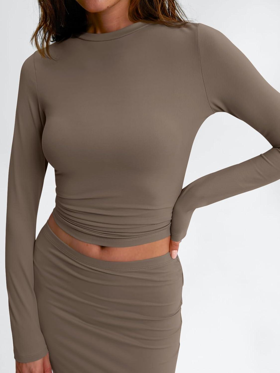 imageTrendy Queen 2 Piece Skirts Sets for Women Long Sleeve Crew Neck Crop Tops Bodycon Maxi Matching ClothesCoffeegrey