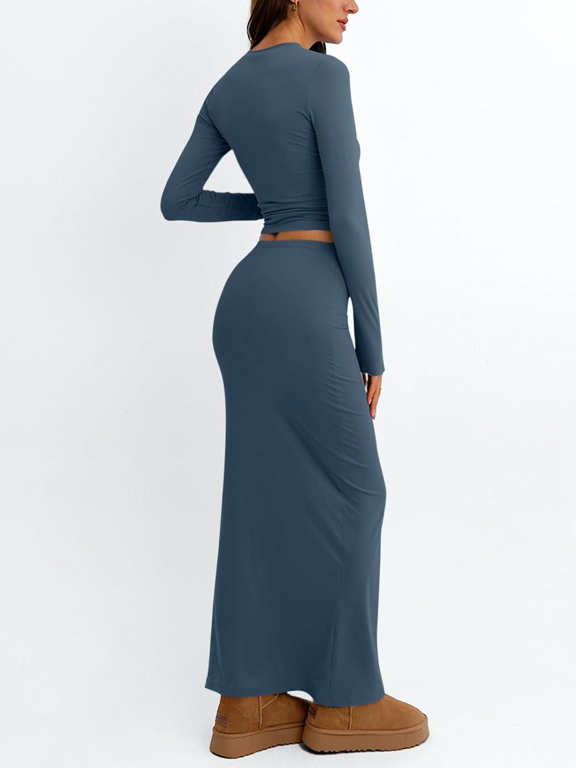 imageTrendy Queen 2 Piece Skirts Sets for Women Long Sleeve Crew Neck Crop Tops Bodycon Maxi Matching ClothesHazeblue