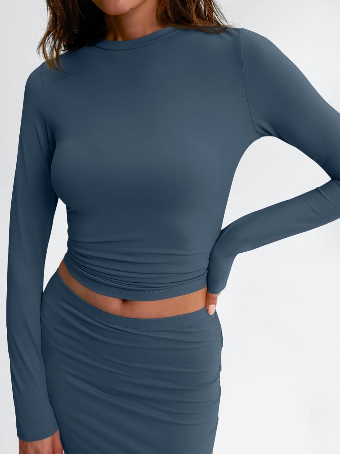 imageTrendy Queen 2 Piece Skirts Sets for Women Long Sleeve Crew Neck Crop Tops Bodycon Maxi Matching ClothesHazeblue