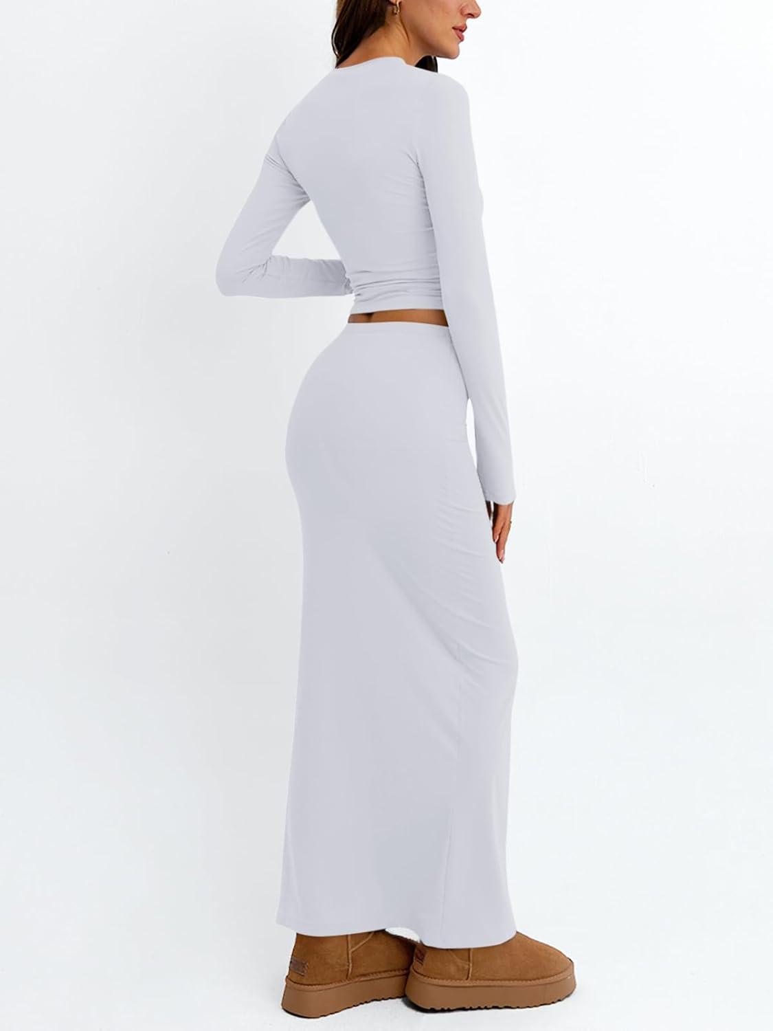 imageTrendy Queen 2 Piece Skirts Sets for Women Long Sleeve Crew Neck Crop Tops Bodycon Maxi Matching ClothesWhite