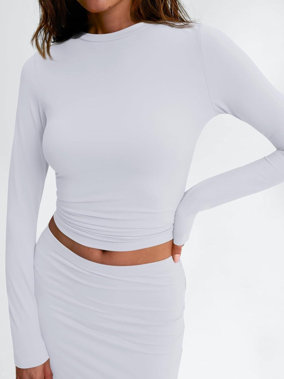 imageTrendy Queen 2 Piece Skirts Sets for Women Long Sleeve Crew Neck Crop Tops Bodycon Maxi Matching ClothesWhite