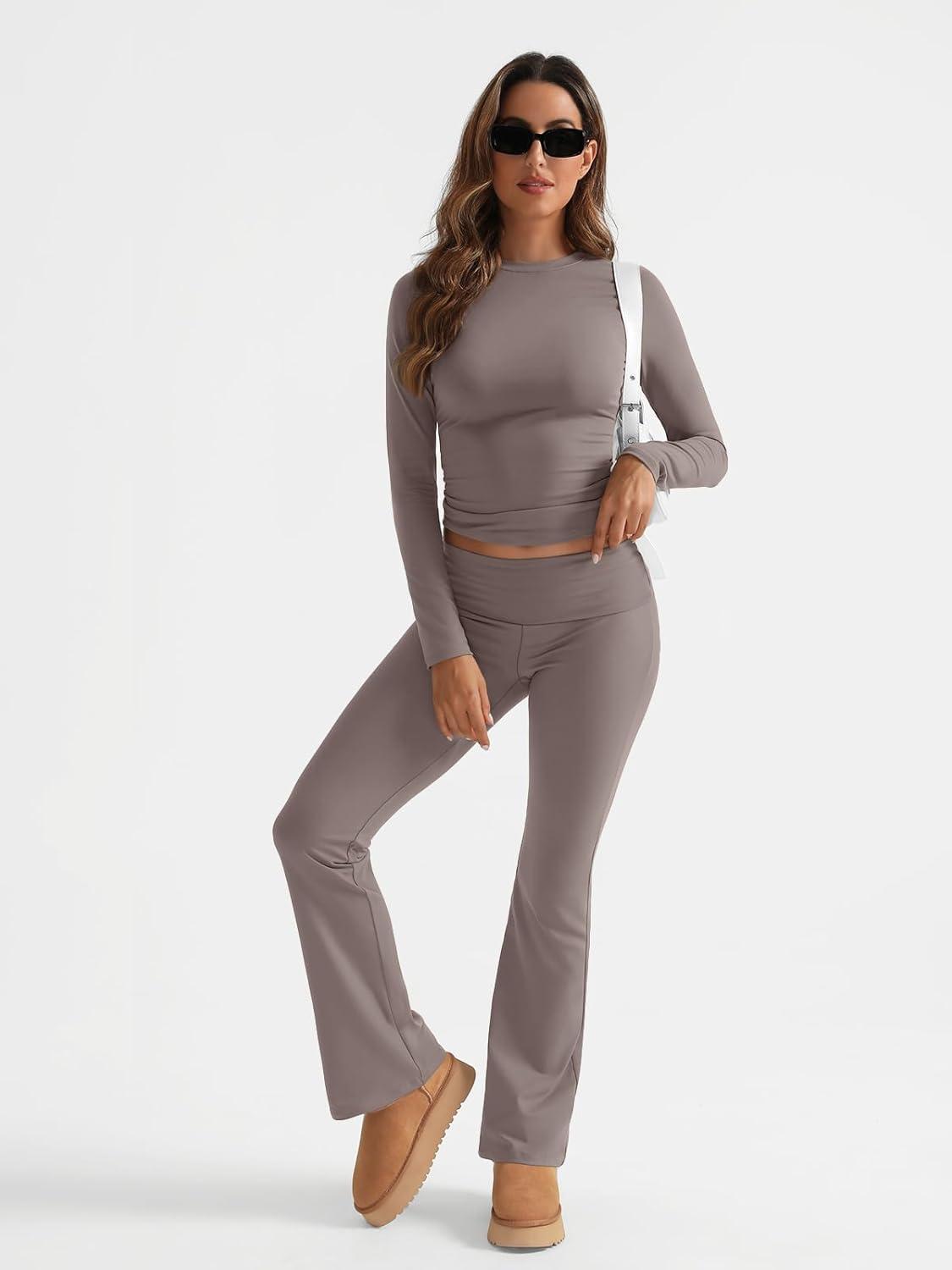 imageTrendy Queen Lounge Sets For Women 2 Piece Outfits Long Sleeve Shirts and Fold Over Yoga Pants Two Piece Workout SetsCoffee Grey