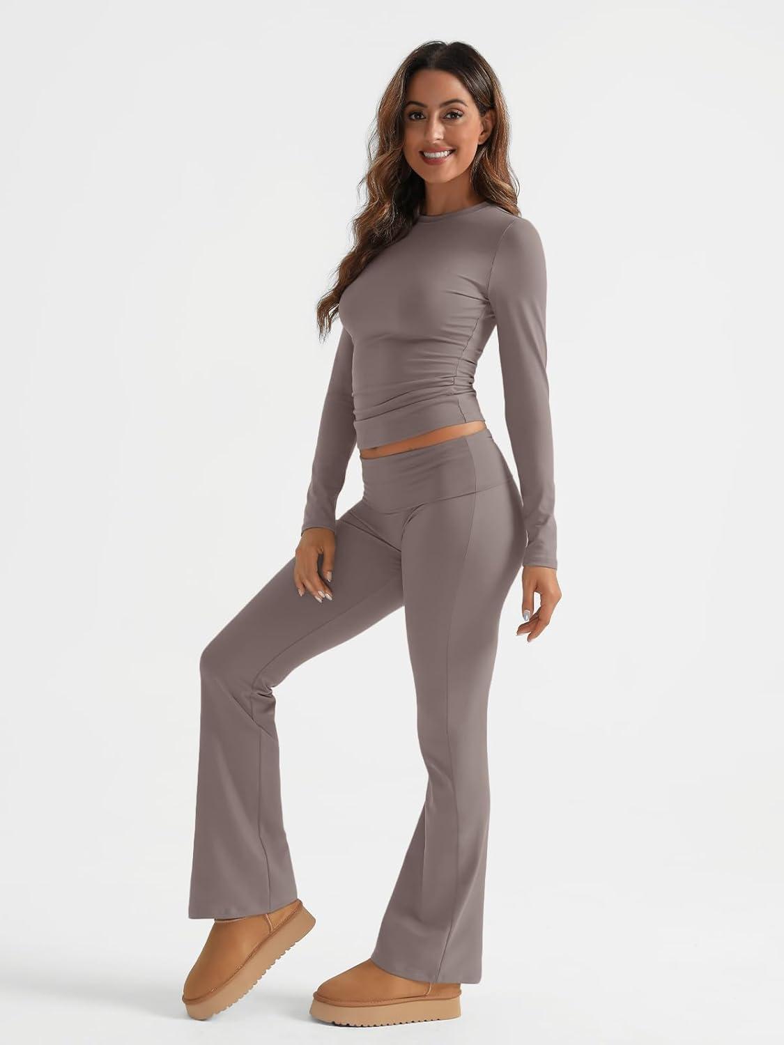 imageTrendy Queen Lounge Sets For Women 2 Piece Outfits Long Sleeve Shirts and Fold Over Yoga Pants Two Piece Workout SetsCoffee Grey