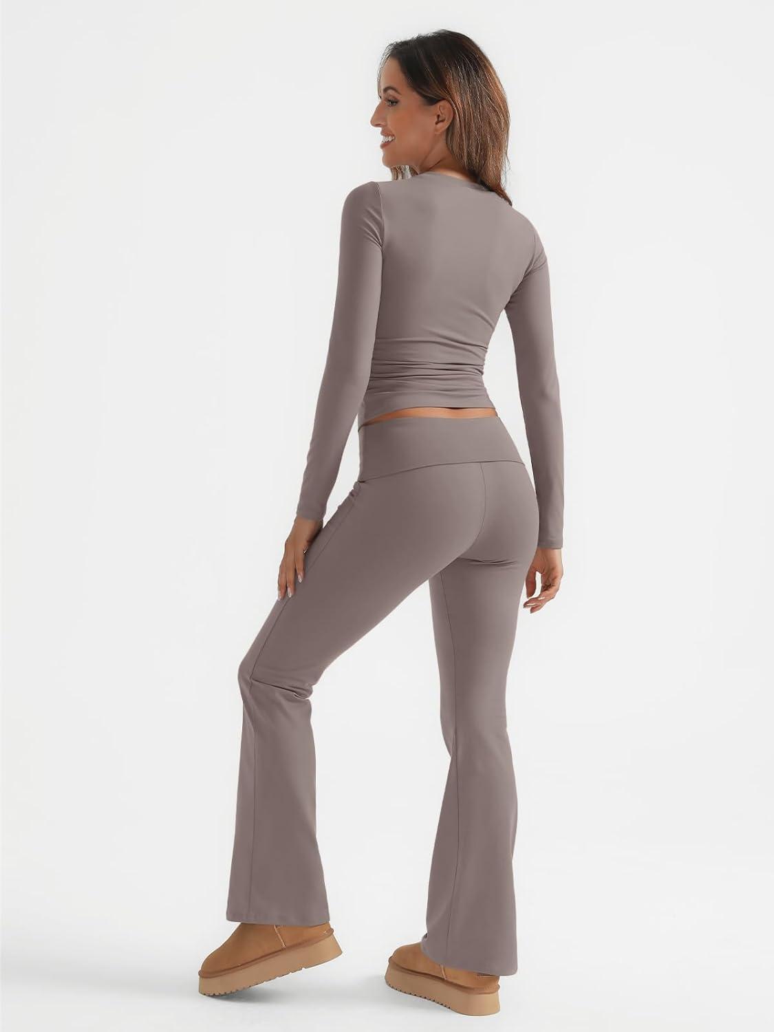 imageTrendy Queen Lounge Sets For Women 2 Piece Outfits Long Sleeve Shirts and Fold Over Yoga Pants Two Piece Workout SetsCoffee Grey