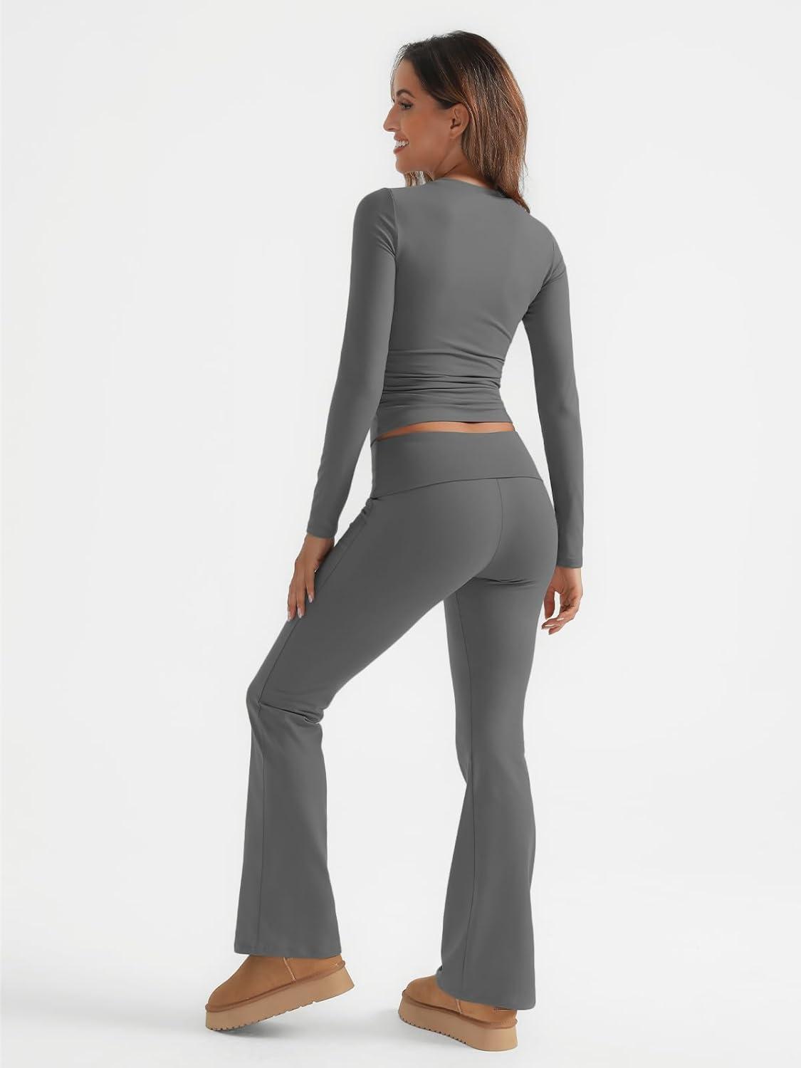 imageTrendy Queen Lounge Sets For Women 2 Piece Outfits Long Sleeve Shirts and Fold Over Yoga Pants Two Piece Workout SetsDark Grey