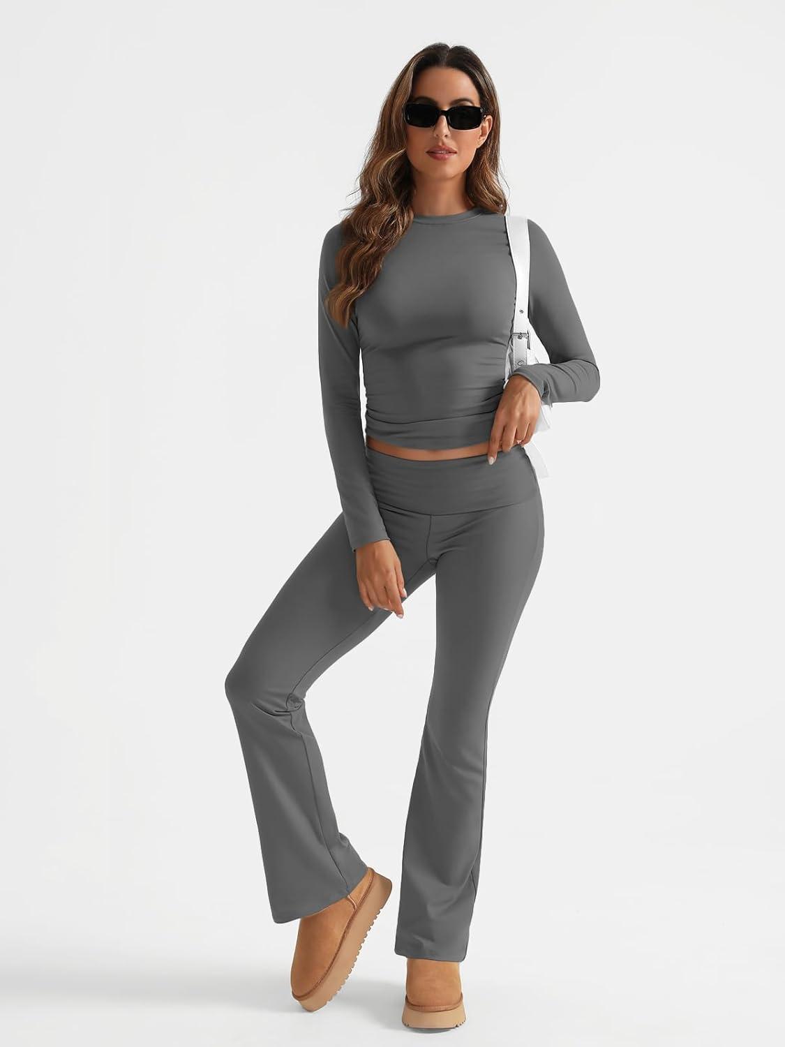 imageTrendy Queen Lounge Sets For Women 2 Piece Outfits Long Sleeve Shirts and Fold Over Yoga Pants Two Piece Workout SetsDark Grey