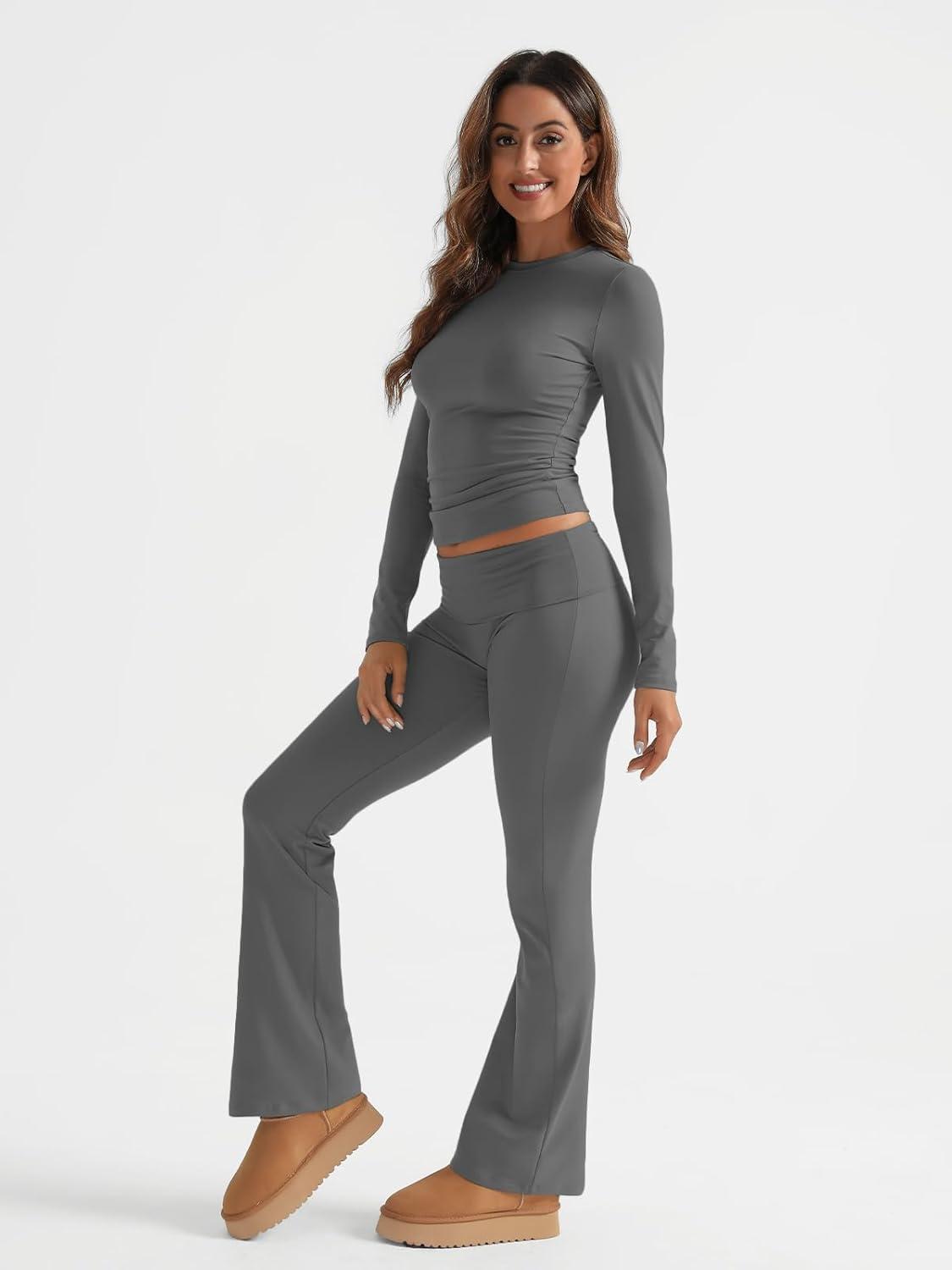 imageTrendy Queen Lounge Sets For Women 2 Piece Outfits Long Sleeve Shirts and Fold Over Yoga Pants Two Piece Workout SetsDark Grey