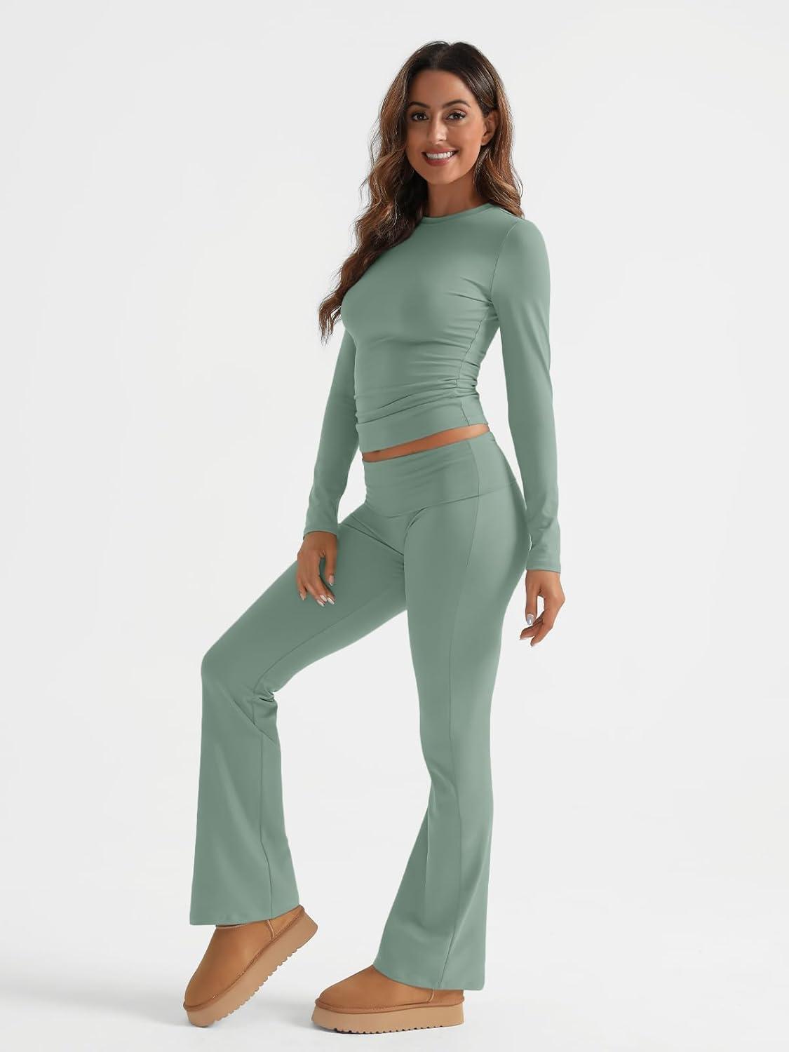 imageTrendy Queen Lounge Sets For Women 2 Piece Outfits Long Sleeve Shirts and Fold Over Yoga Pants Two Piece Workout SetsGrass Green