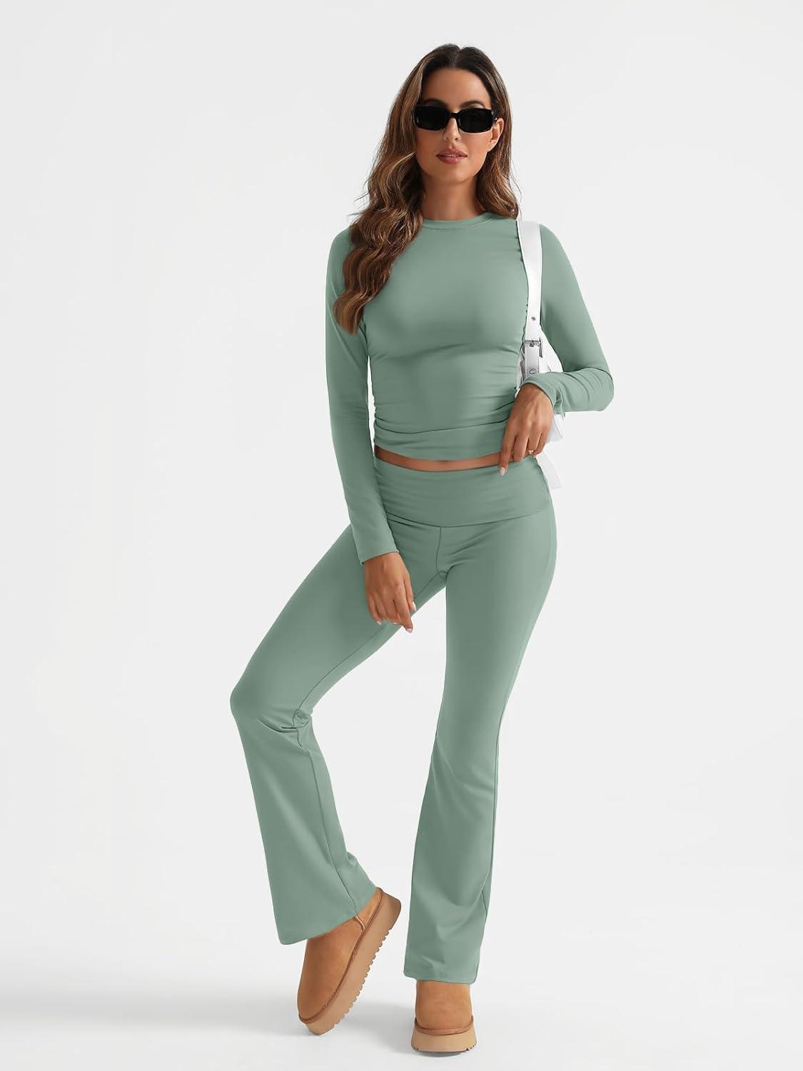 imageTrendy Queen Lounge Sets For Women 2 Piece Outfits Long Sleeve Shirts and Fold Over Yoga Pants Two Piece Workout SetsGrass Green