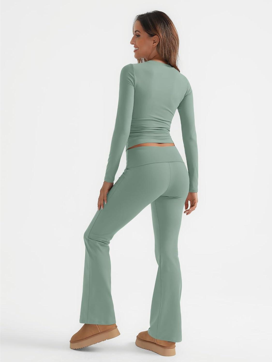 imageTrendy Queen Lounge Sets For Women 2 Piece Outfits Long Sleeve Shirts and Fold Over Yoga Pants Two Piece Workout SetsGrass Green