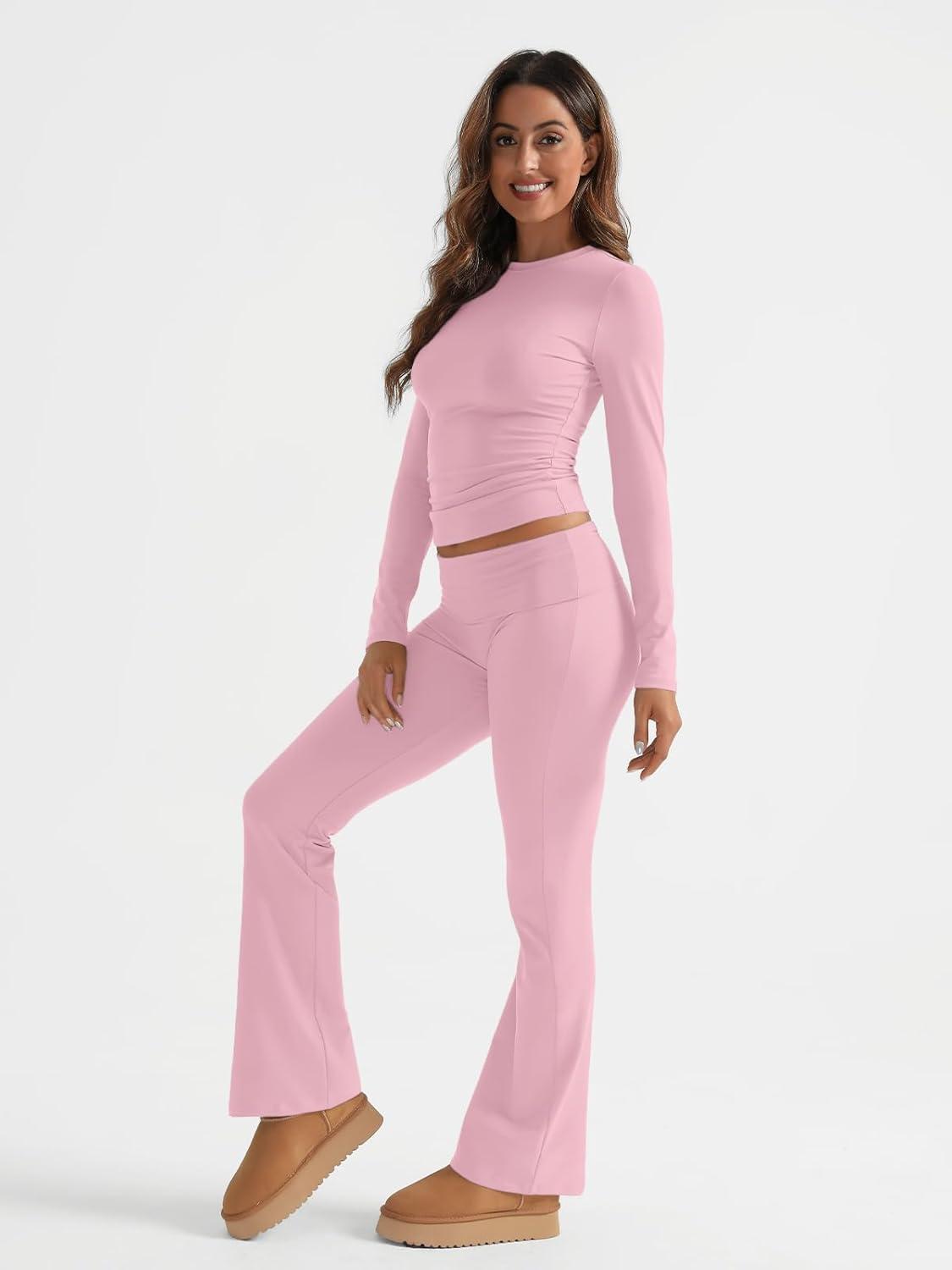 imageTrendy Queen Lounge Sets For Women 2 Piece Outfits Long Sleeve Shirts and Fold Over Yoga Pants Two Piece Workout SetsPink