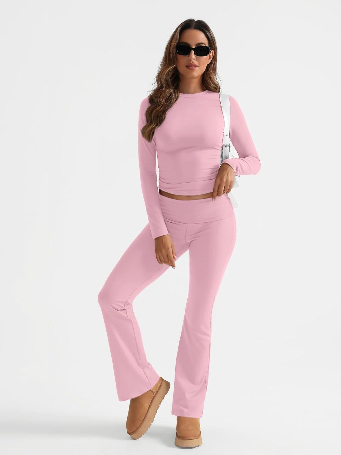 imageTrendy Queen Lounge Sets For Women 2 Piece Outfits Long Sleeve Shirts and Fold Over Yoga Pants Two Piece Workout SetsPink