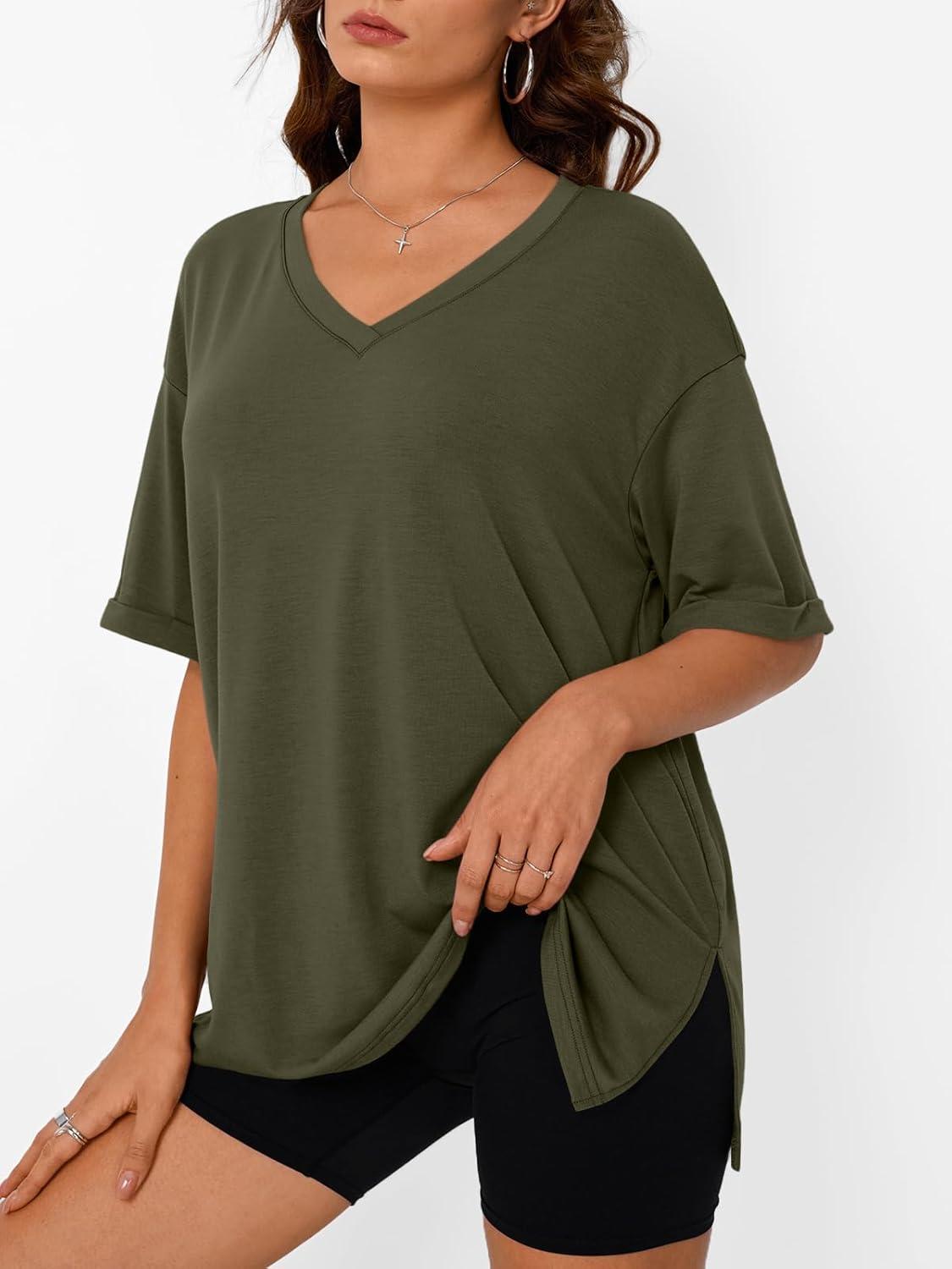 imageTrendy Queen Oversized Tshirts for Women Workout Plus Size Tops V Neck Short Sleeve Gym Shirts Casual Loose Fit Basic TeesArmy Green