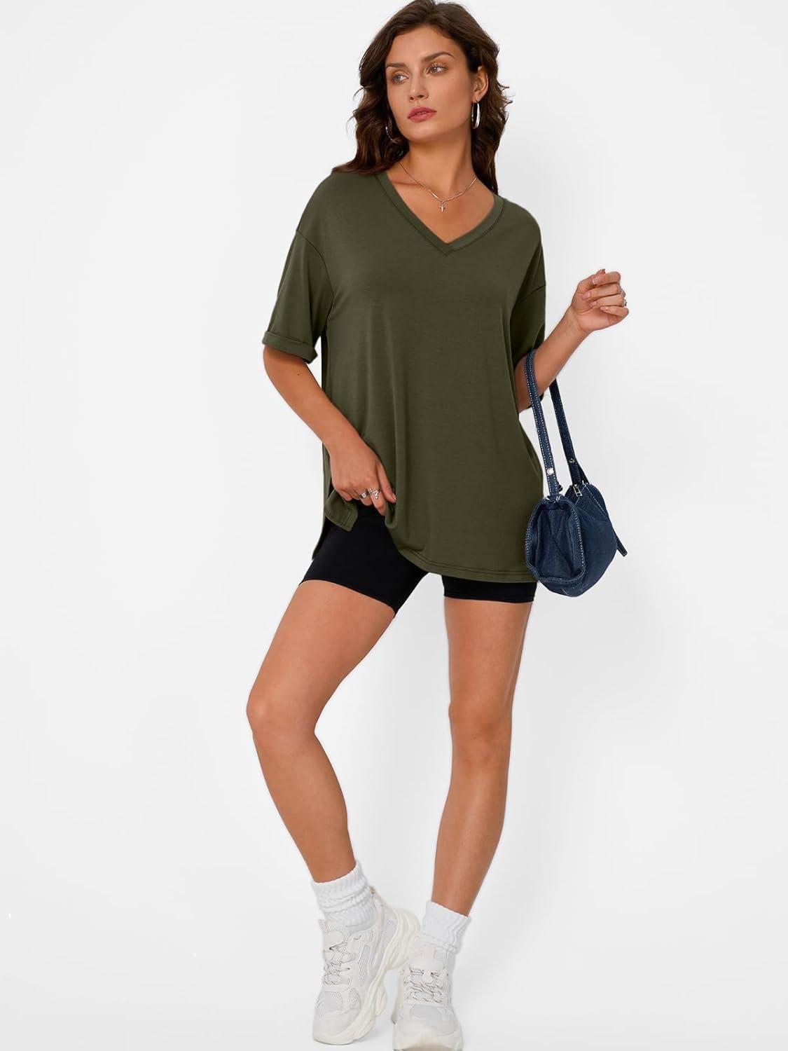 imageTrendy Queen Oversized Tshirts for Women Workout Plus Size Tops V Neck Short Sleeve Gym Shirts Casual Loose Fit Basic TeesArmy Green