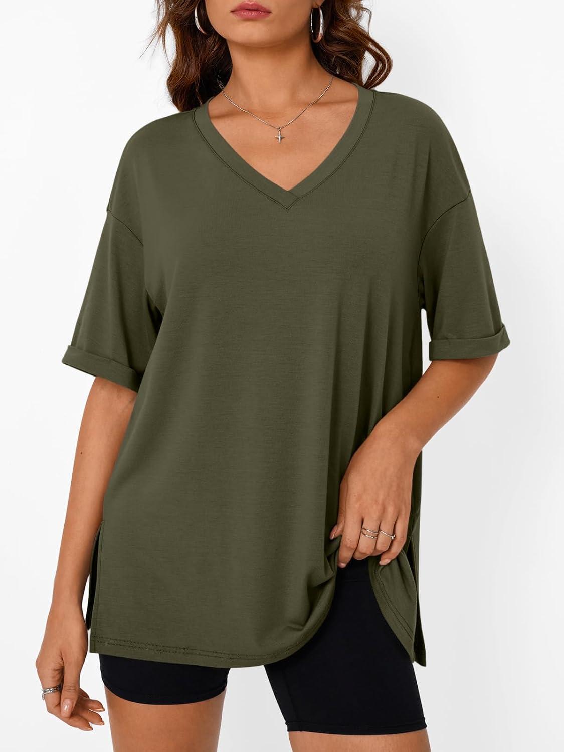 imageTrendy Queen Oversized Tshirts for Women Workout Plus Size Tops V Neck Short Sleeve Gym Shirts Casual Loose Fit Basic TeesArmy Green
