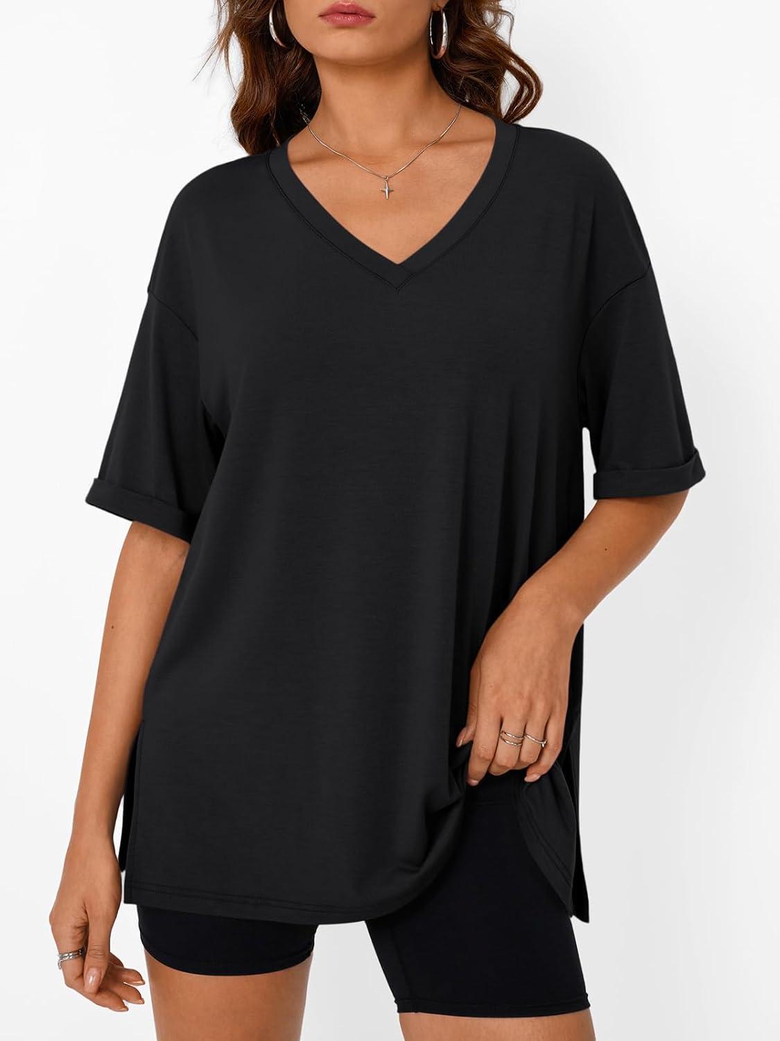 imageTrendy Queen Oversized Tshirts for Women Workout Plus Size Tops V Neck Short Sleeve Gym Shirts Casual Loose Fit Basic TeesBlack