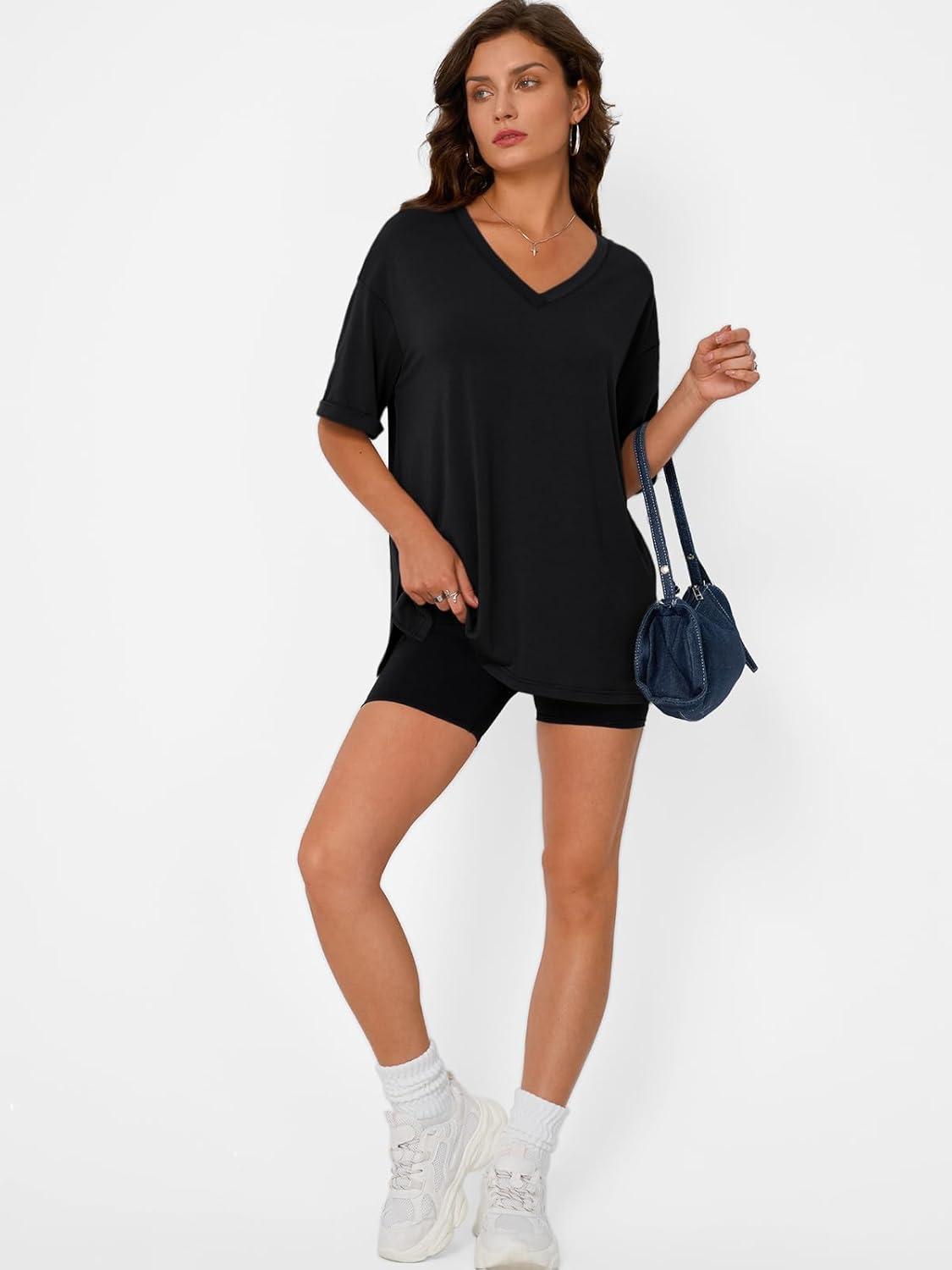 imageTrendy Queen Oversized Tshirts for Women Workout Plus Size Tops V Neck Short Sleeve Gym Shirts Casual Loose Fit Basic TeesBlack