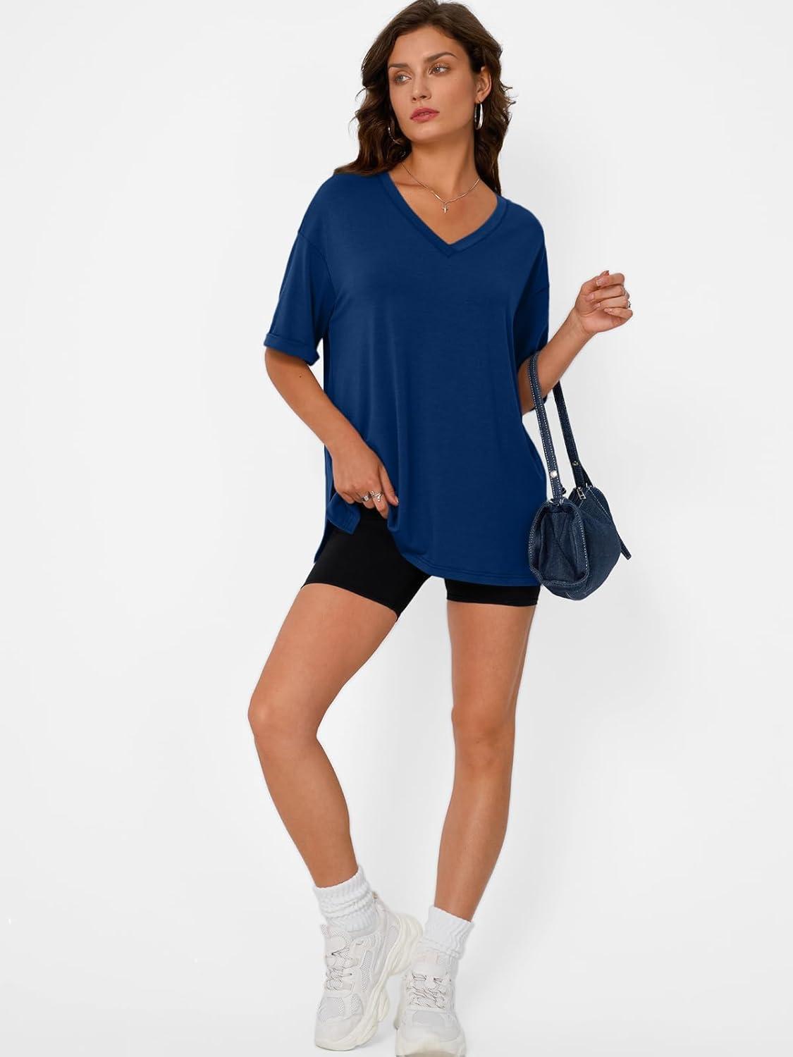 imageTrendy Queen Oversized Tshirts for Women Workout Plus Size Tops V Neck Short Sleeve Gym Shirts Casual Loose Fit Basic TeesBlue