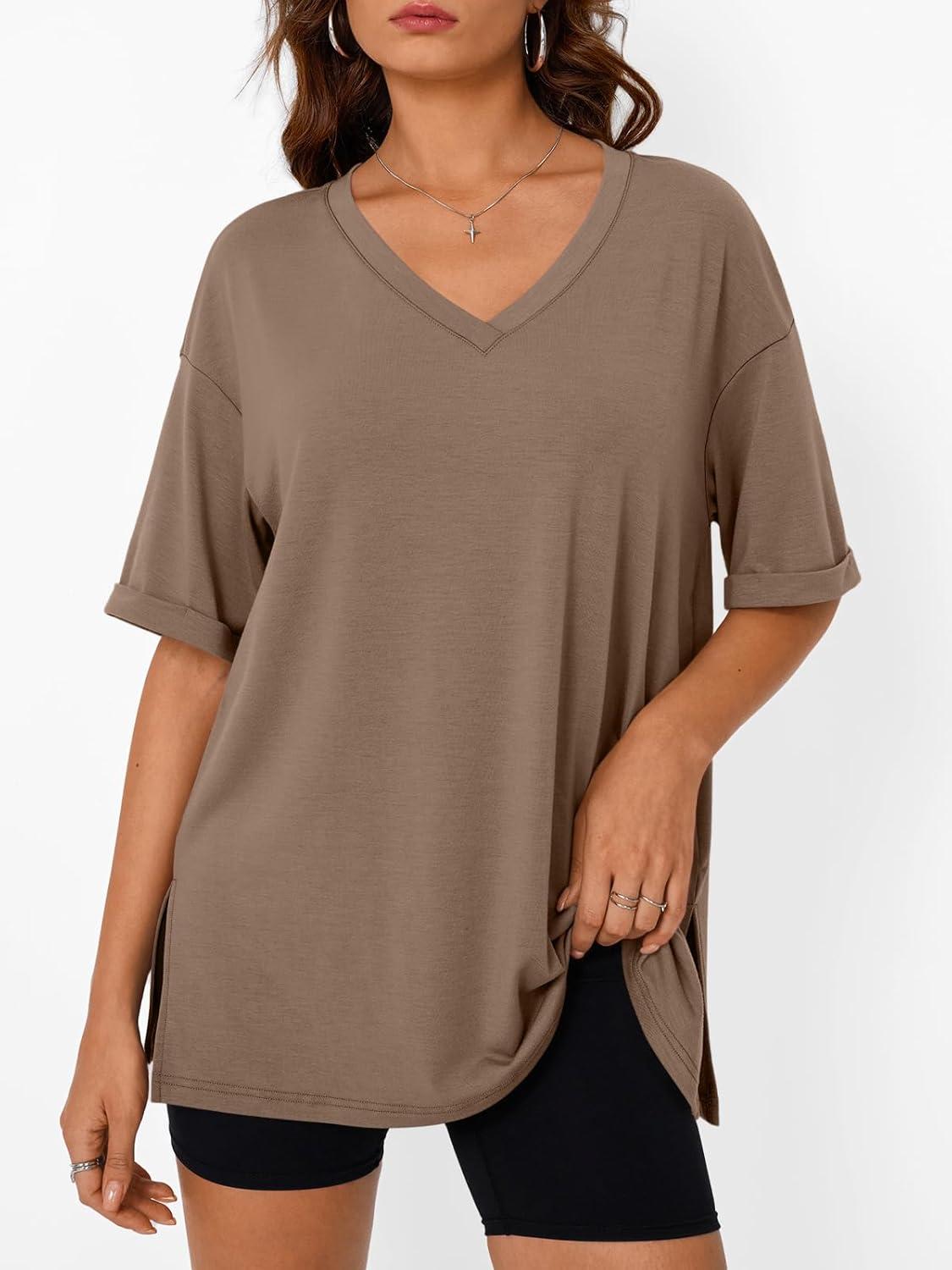 imageTrendy Queen Oversized Tshirts for Women Workout Plus Size Tops V Neck Short Sleeve Gym Shirts Casual Loose Fit Basic TeesBrown