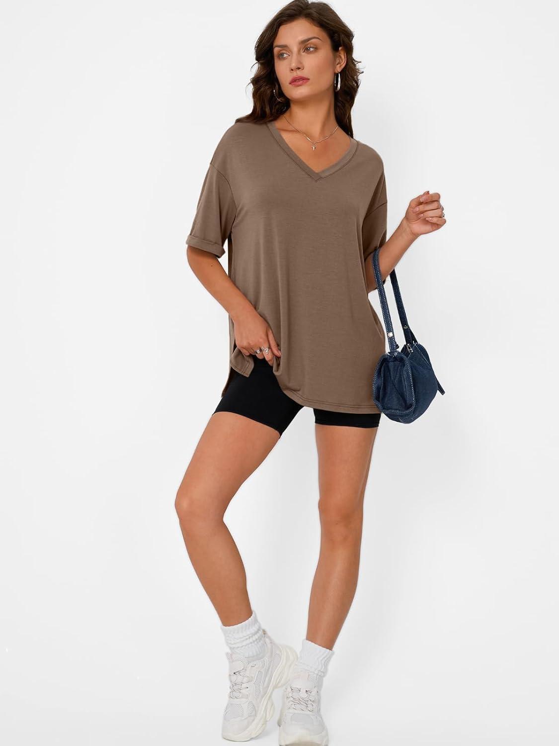 imageTrendy Queen Oversized Tshirts for Women Workout Plus Size Tops V Neck Short Sleeve Gym Shirts Casual Loose Fit Basic TeesBrown