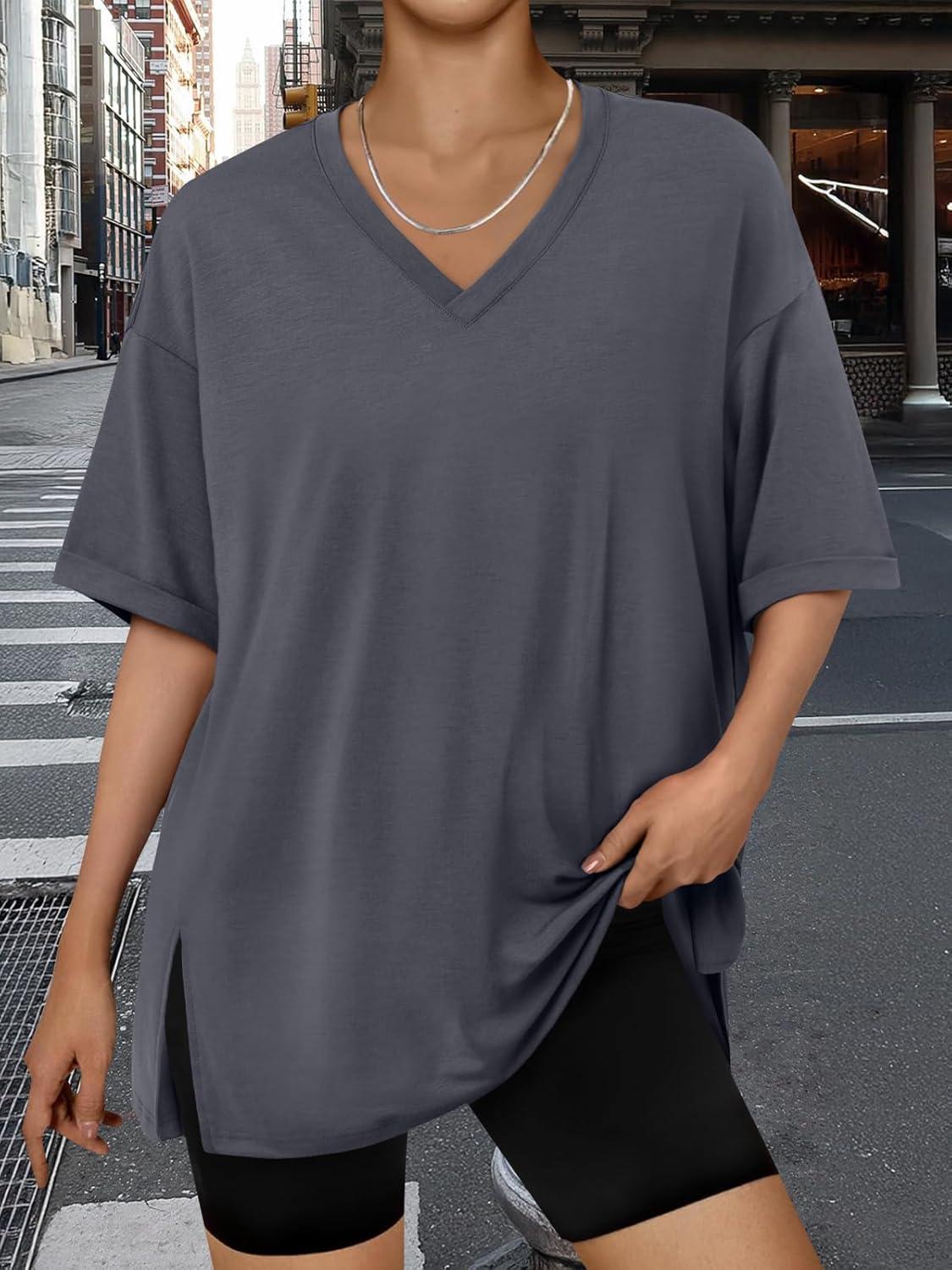 imageTrendy Queen Oversized Tshirts for Women Workout Plus Size Tops V Neck Short Sleeve Gym Shirts Casual Loose Fit Basic TeesBrown