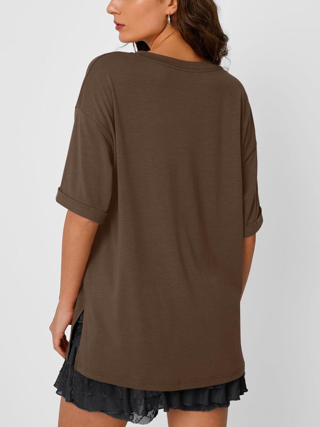 imageTrendy Queen Oversized Tshirts for Women Workout Plus Size Tops V Neck Short Sleeve Gym Shirts Casual Loose Fit Basic TeesCoffee Brown