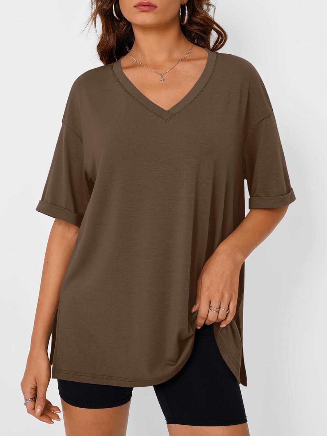 imageTrendy Queen Oversized Tshirts for Women Workout Plus Size Tops V Neck Short Sleeve Gym Shirts Casual Loose Fit Basic TeesCoffee Brown