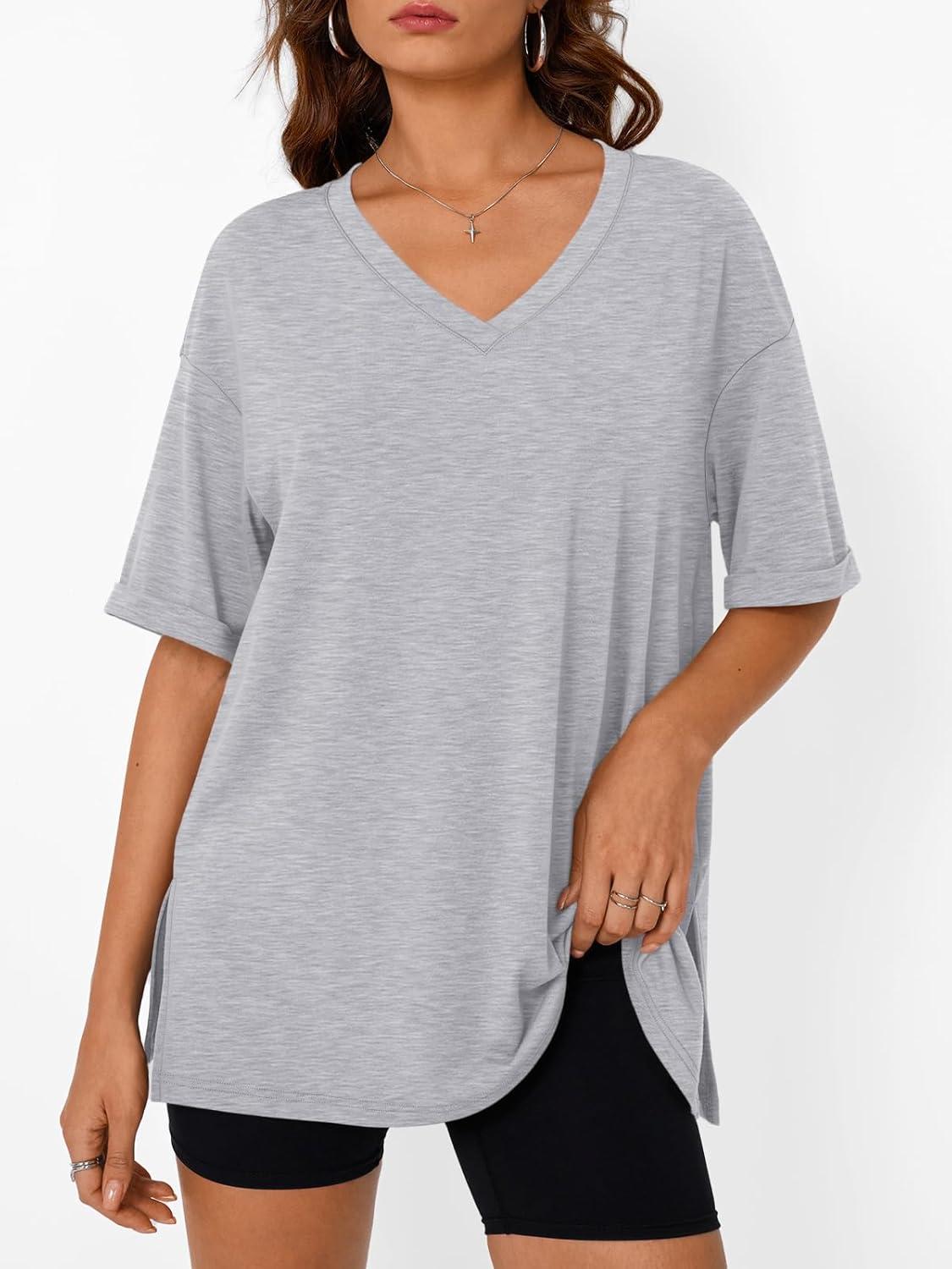 imageTrendy Queen Oversized Tshirts for Women Workout Plus Size Tops V Neck Short Sleeve Gym Shirts Casual Loose Fit Basic TeesGrey