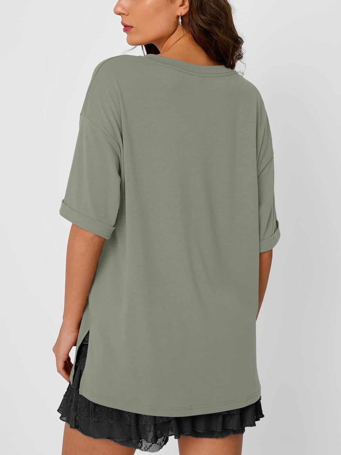 imageTrendy Queen Oversized Tshirts for Women Workout Plus Size Tops V Neck Short Sleeve Gym Shirts Casual Loose Fit Basic TeesGrey Green