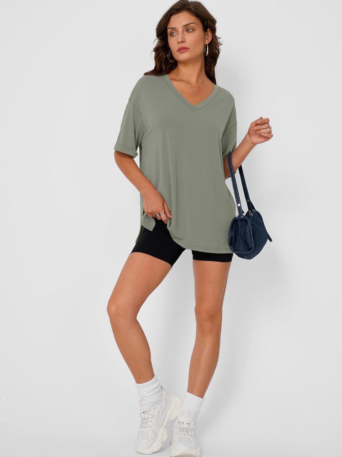 imageTrendy Queen Oversized Tshirts for Women Workout Plus Size Tops V Neck Short Sleeve Gym Shirts Casual Loose Fit Basic TeesGrey Green