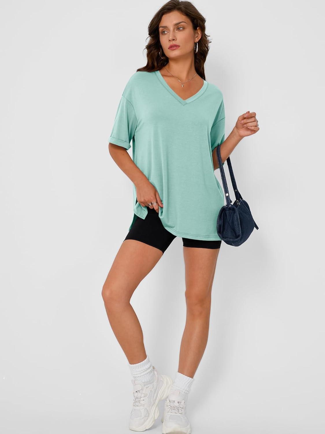 imageTrendy Queen Oversized Tshirts for Women Workout Plus Size Tops V Neck Short Sleeve Gym Shirts Casual Loose Fit Basic TeesLight Green