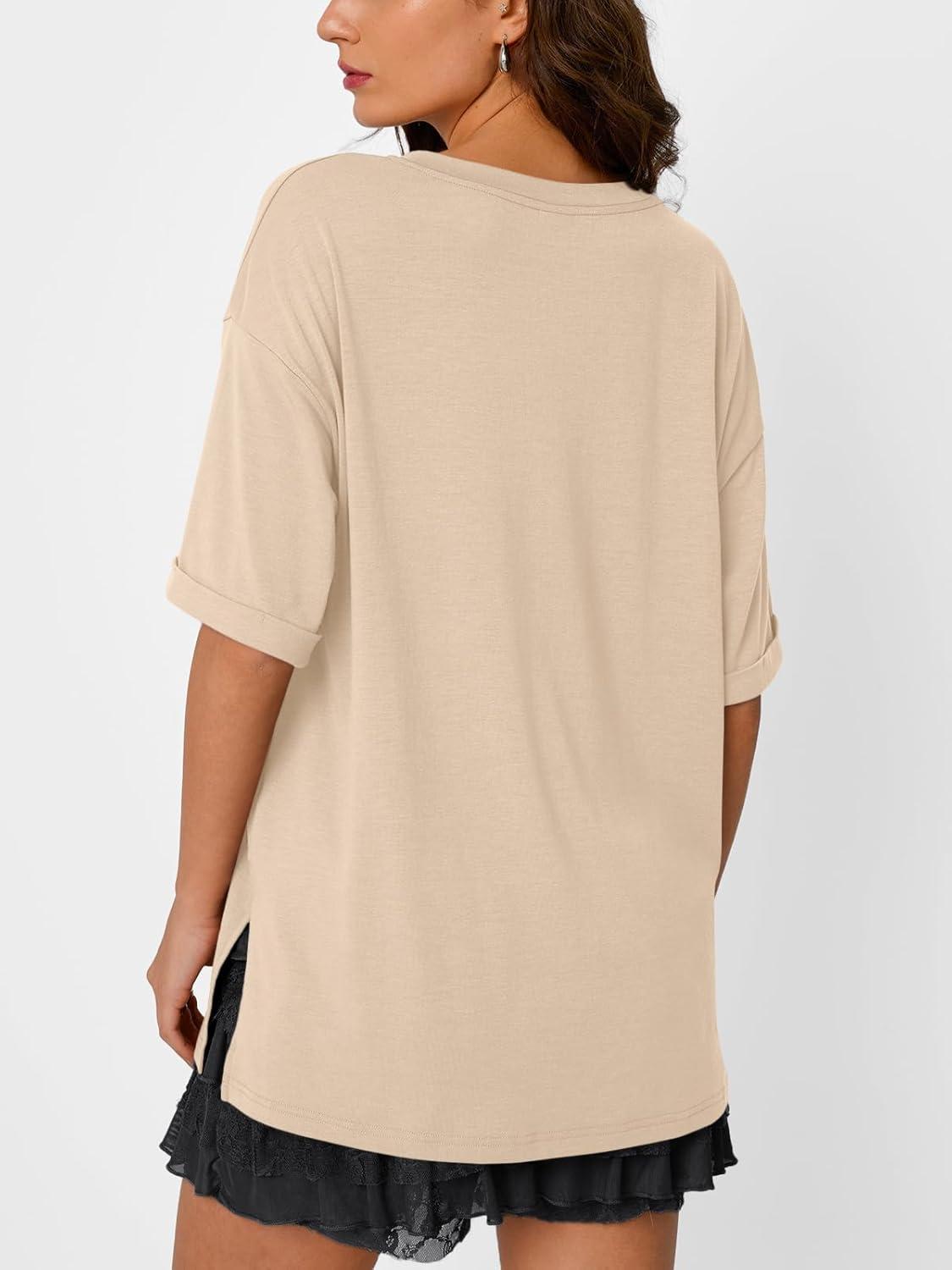 imageTrendy Queen Oversized Tshirts for Women Workout Plus Size Tops V Neck Short Sleeve Gym Shirts Casual Loose Fit Basic TeesLight Khaki