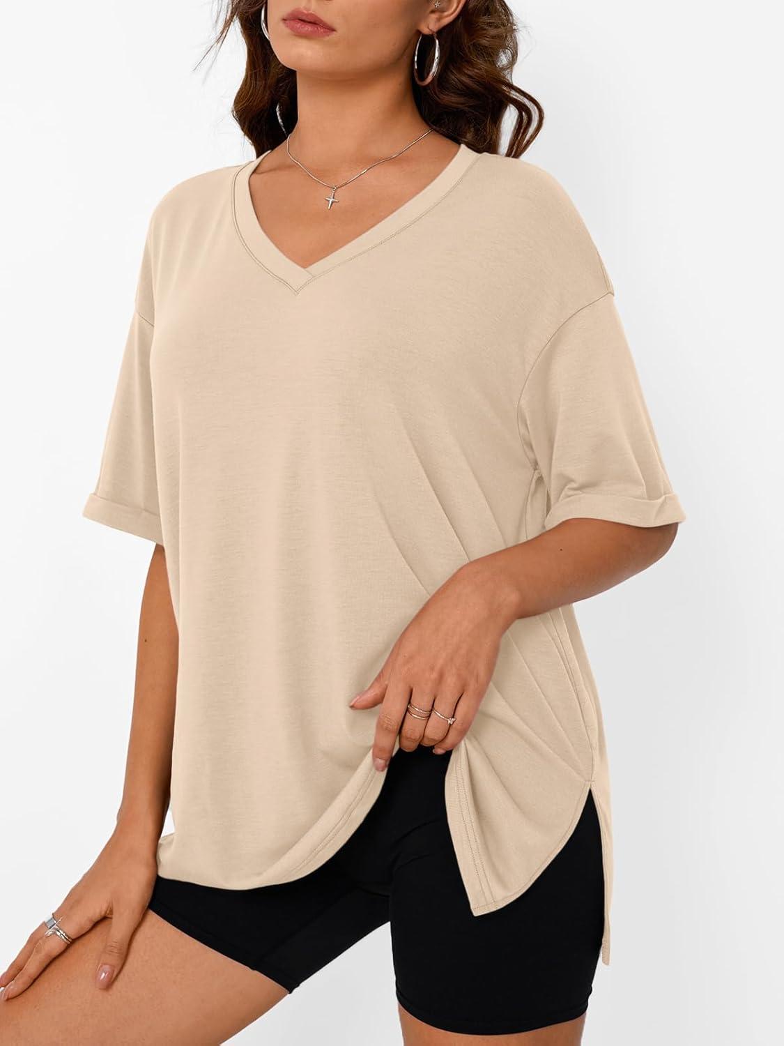 imageTrendy Queen Oversized Tshirts for Women Workout Plus Size Tops V Neck Short Sleeve Gym Shirts Casual Loose Fit Basic TeesLight Khaki
