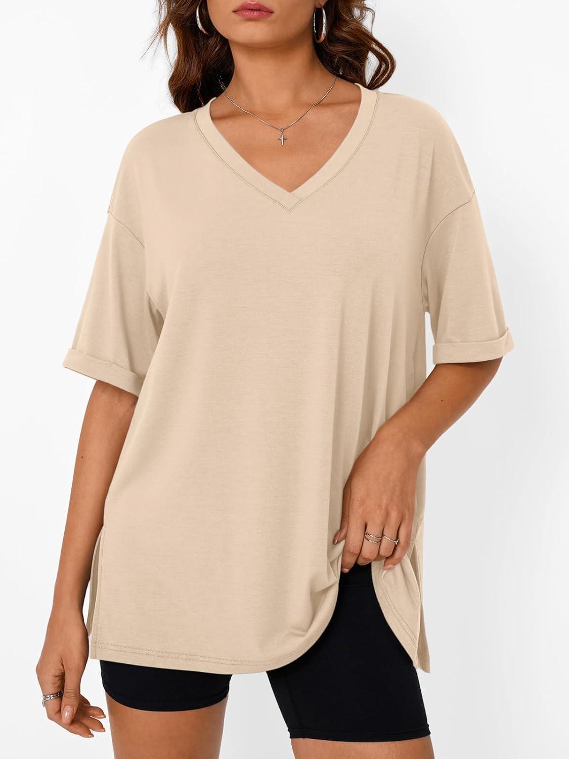 imageTrendy Queen Oversized Tshirts for Women Workout Plus Size Tops V Neck Short Sleeve Gym Shirts Casual Loose Fit Basic TeesLight Khaki