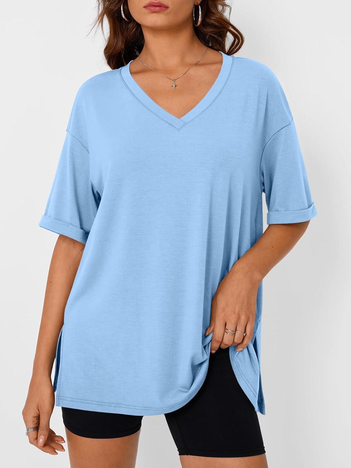 imageTrendy Queen Oversized Tshirts for Women Workout Plus Size Tops V Neck Short Sleeve Gym Shirts Casual Loose Fit Basic TeesSky Blue