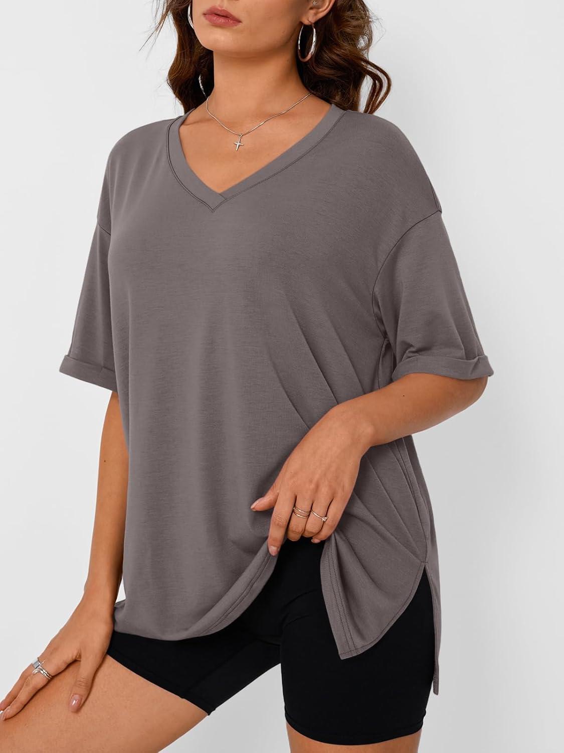 imageTrendy Queen Oversized Tshirts for Women Workout Plus Size Tops V Neck Short Sleeve Gym Shirts Casual Loose Fit Basic TeesTaupe