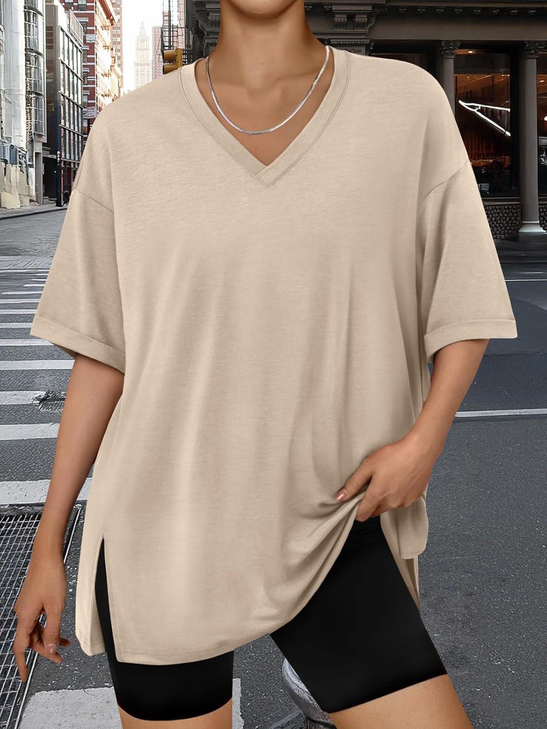 imageTrendy Queen Oversized Tshirts for Women Workout Plus Size Tops V Neck Short Sleeve Gym Shirts Casual Loose Fit Basic TeesTaupe
