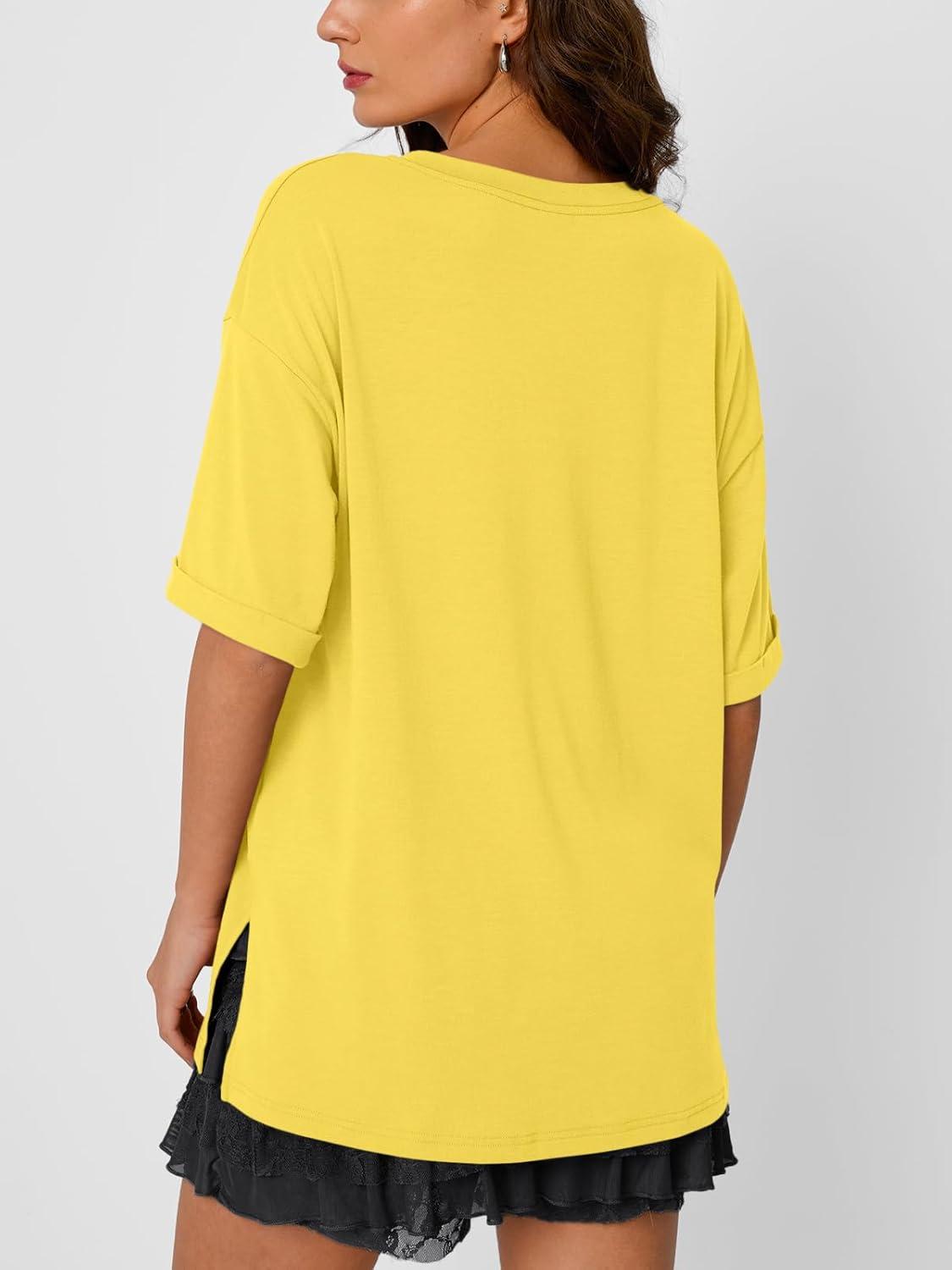 imageTrendy Queen Oversized Tshirts for Women Workout Plus Size Tops V Neck Short Sleeve Gym Shirts Casual Loose Fit Basic TeesYellow