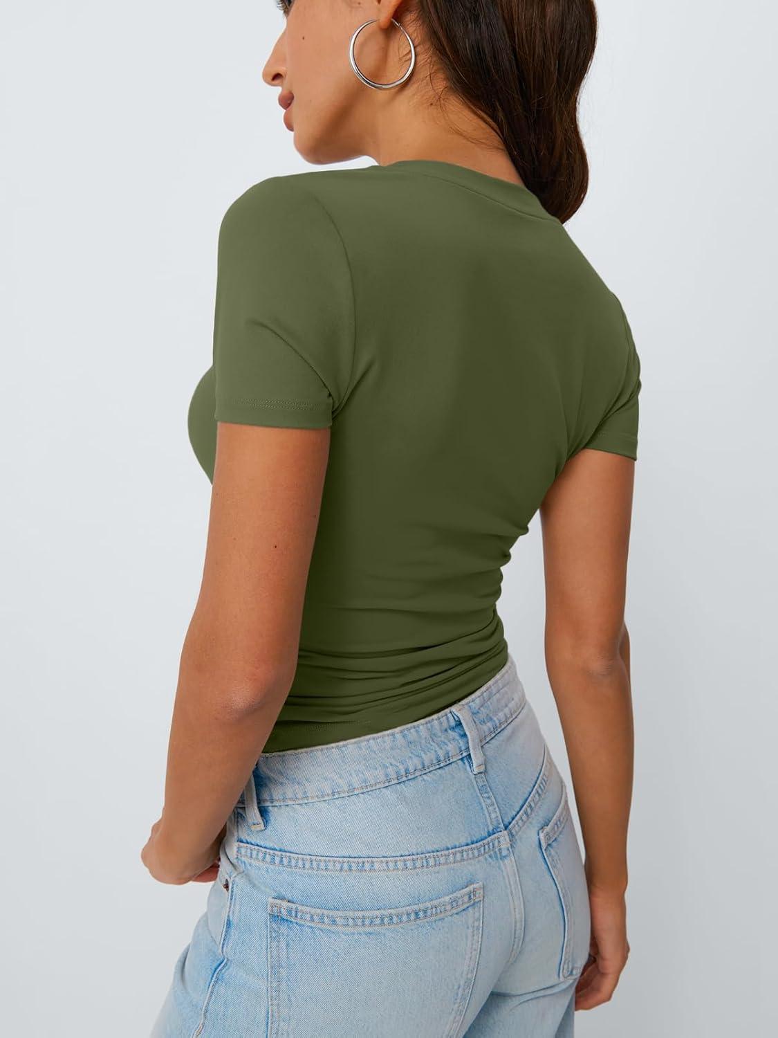 imageTrendy Queen Womens Basic V Neck Short Sleeve T Shirts Slim Fit Crop Y2k Tee 2025 Summer Cute Gym Fashion ClothesArmygreen