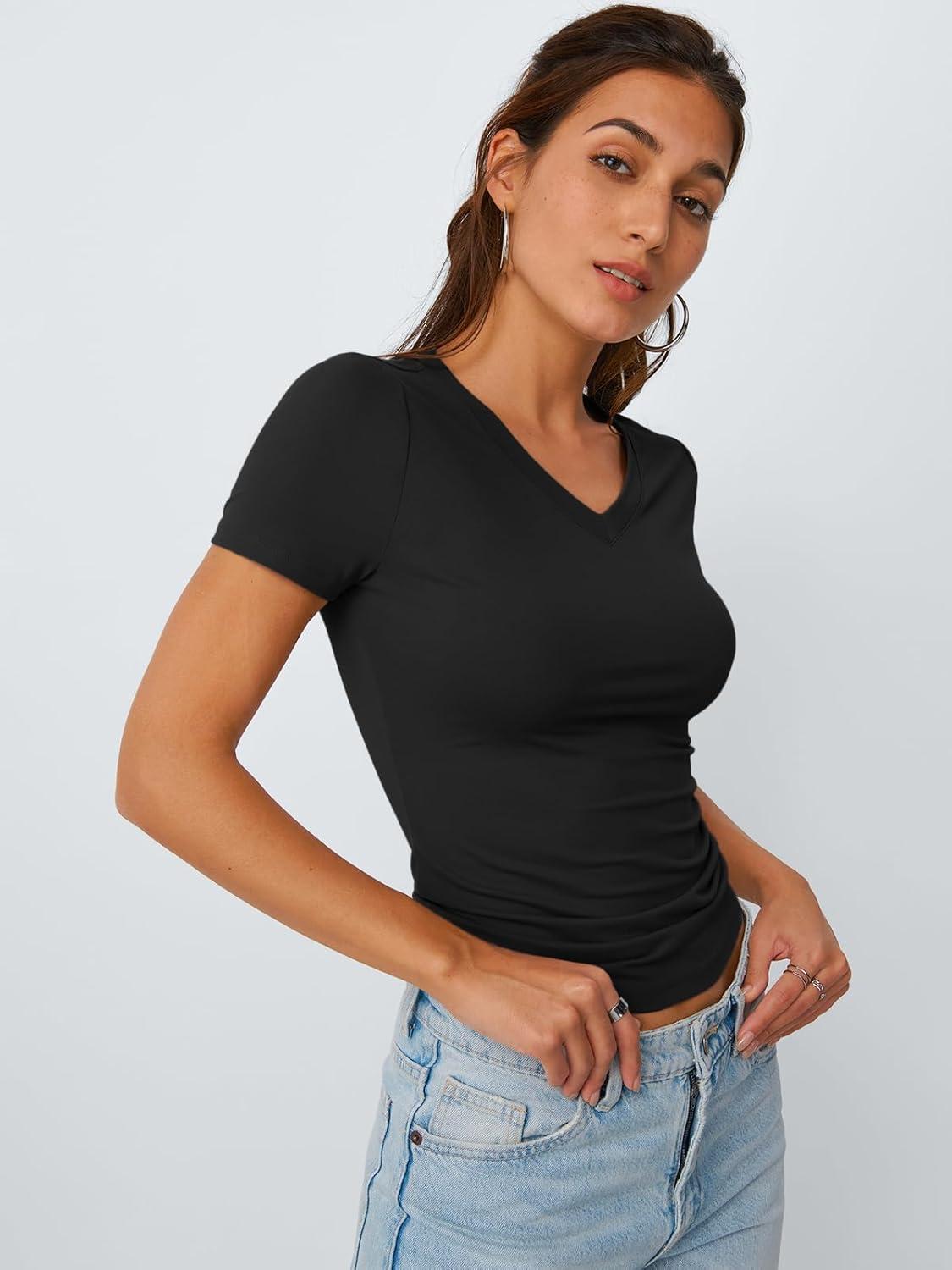 imageTrendy Queen Womens Basic V Neck Short Sleeve T Shirts Slim Fit Crop Y2k Tee 2025 Summer Cute Gym Fashion ClothesBlack