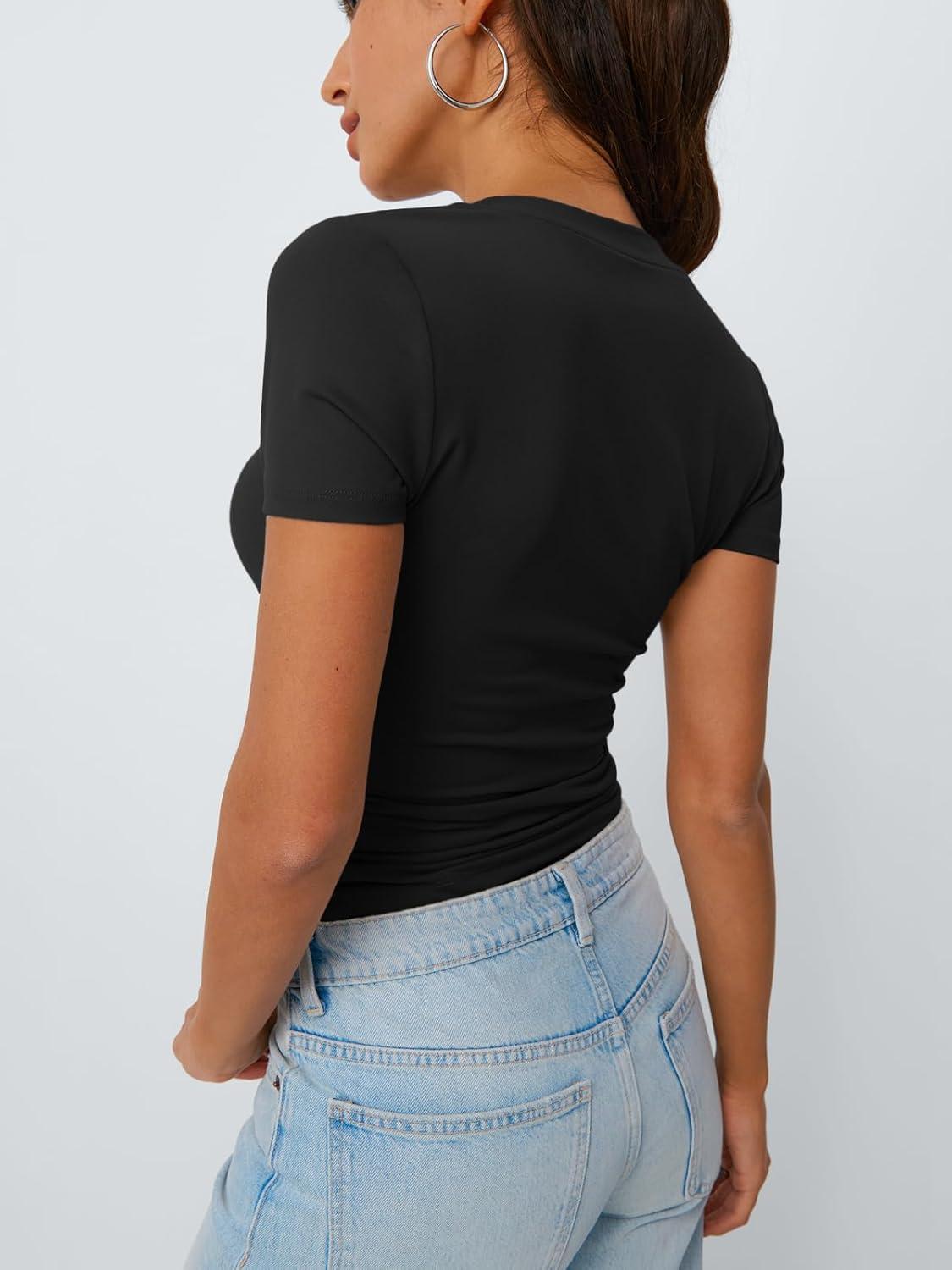 imageTrendy Queen Womens Basic V Neck Short Sleeve T Shirts Slim Fit Crop Y2k Tee 2025 Summer Cute Gym Fashion ClothesBlack