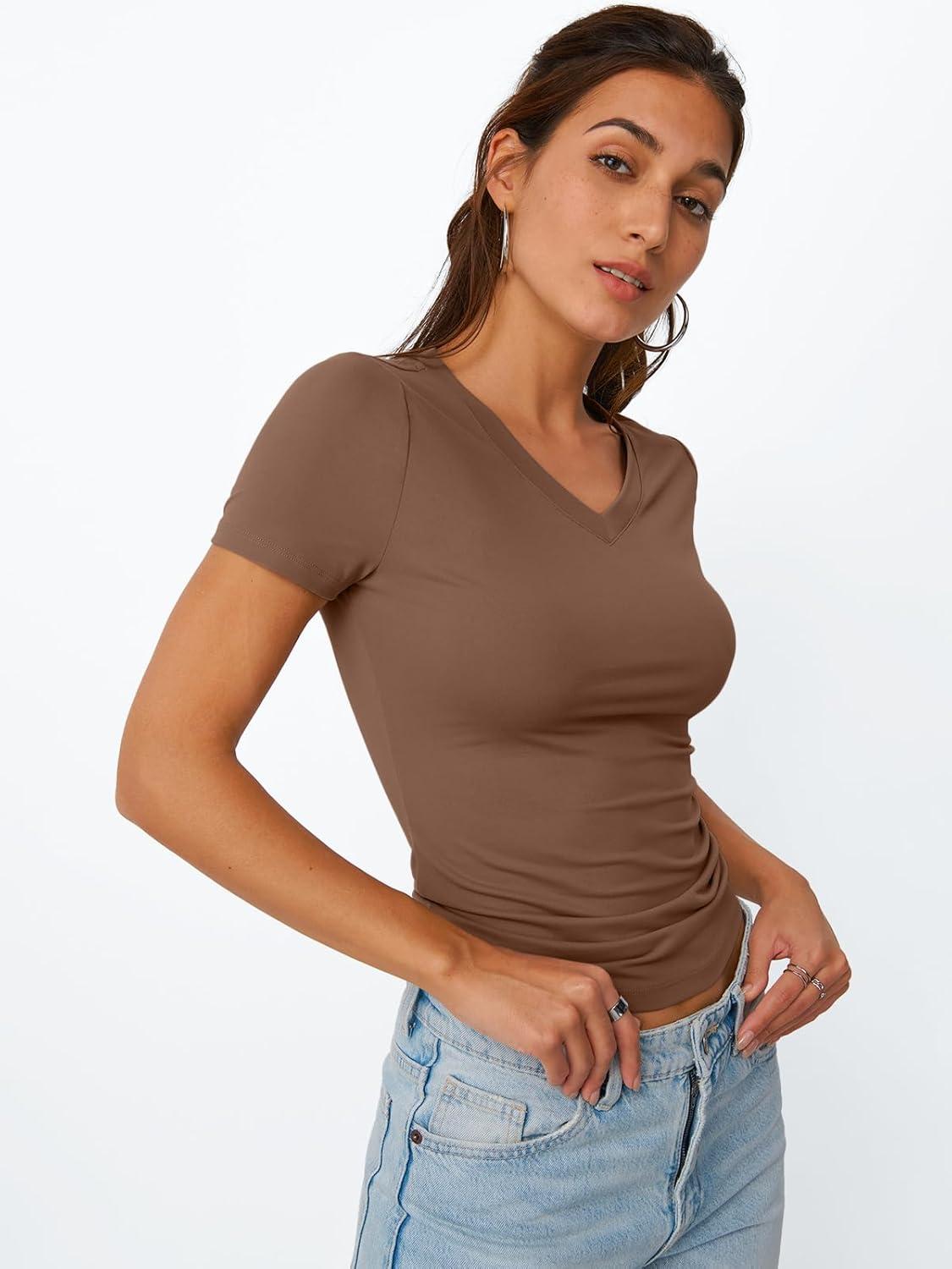 imageTrendy Queen Womens Basic V Neck Short Sleeve T Shirts Slim Fit Crop Y2k Tee 2025 Summer Cute Gym Fashion ClothesCoffee