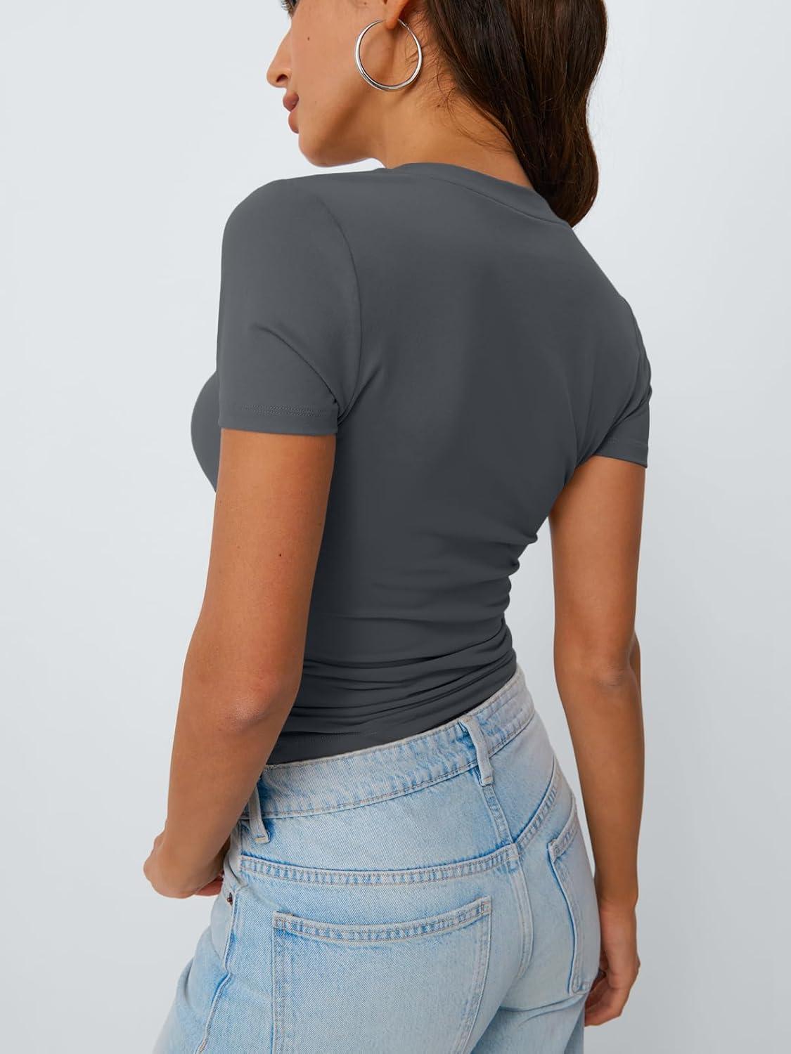 imageTrendy Queen Womens Basic V Neck Short Sleeve T Shirts Slim Fit Crop Y2k Tee 2025 Summer Cute Gym Fashion ClothesDarkgrey