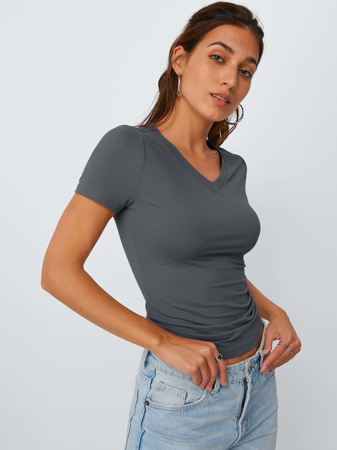 imageTrendy Queen Womens Basic V Neck Short Sleeve T Shirts Slim Fit Crop Y2k Tee 2025 Summer Cute Gym Fashion ClothesDarkgrey