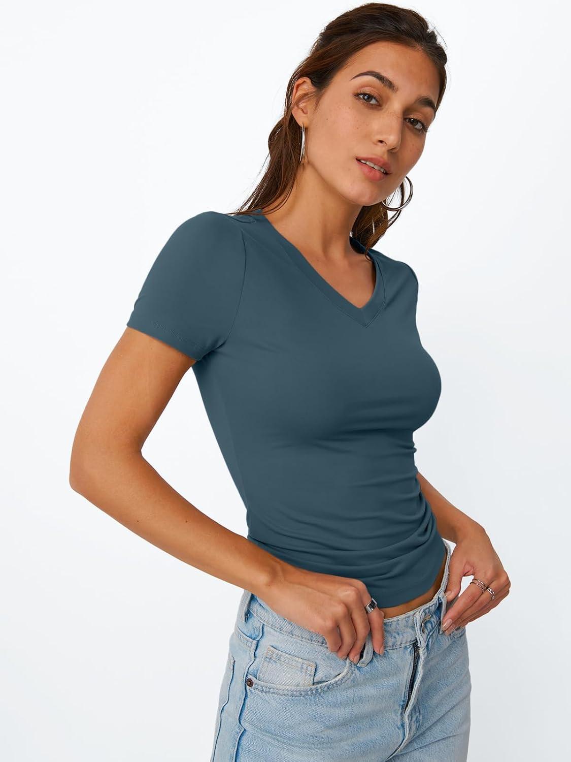 imageTrendy Queen Womens Basic V Neck Short Sleeve T Shirts Slim Fit Crop Y2k Tee 2025 Summer Cute Gym Fashion ClothesHazeblue